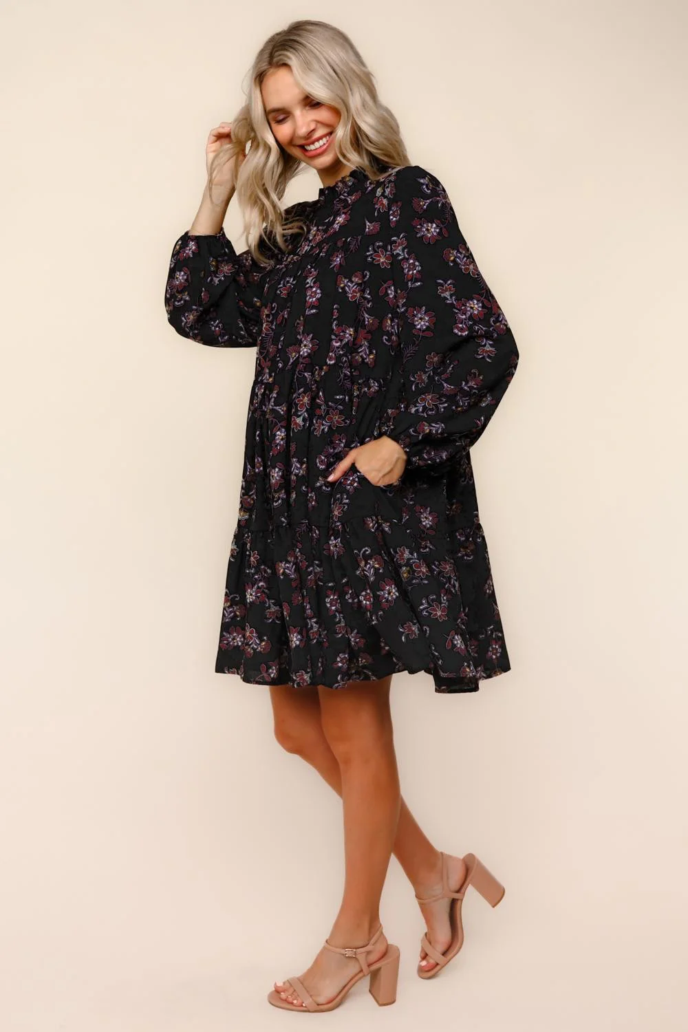 Black Floral Tiered Long Sleeve Dress - Image 3