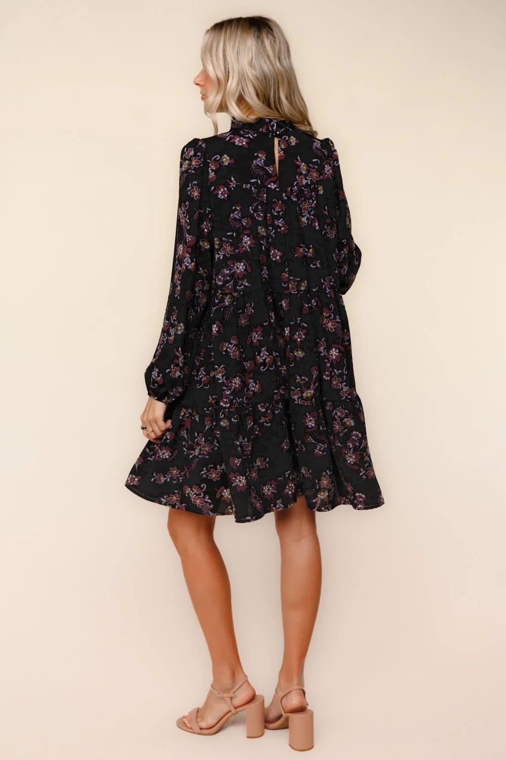 Black Floral Tiered Long Sleeve Dress - Image 4
