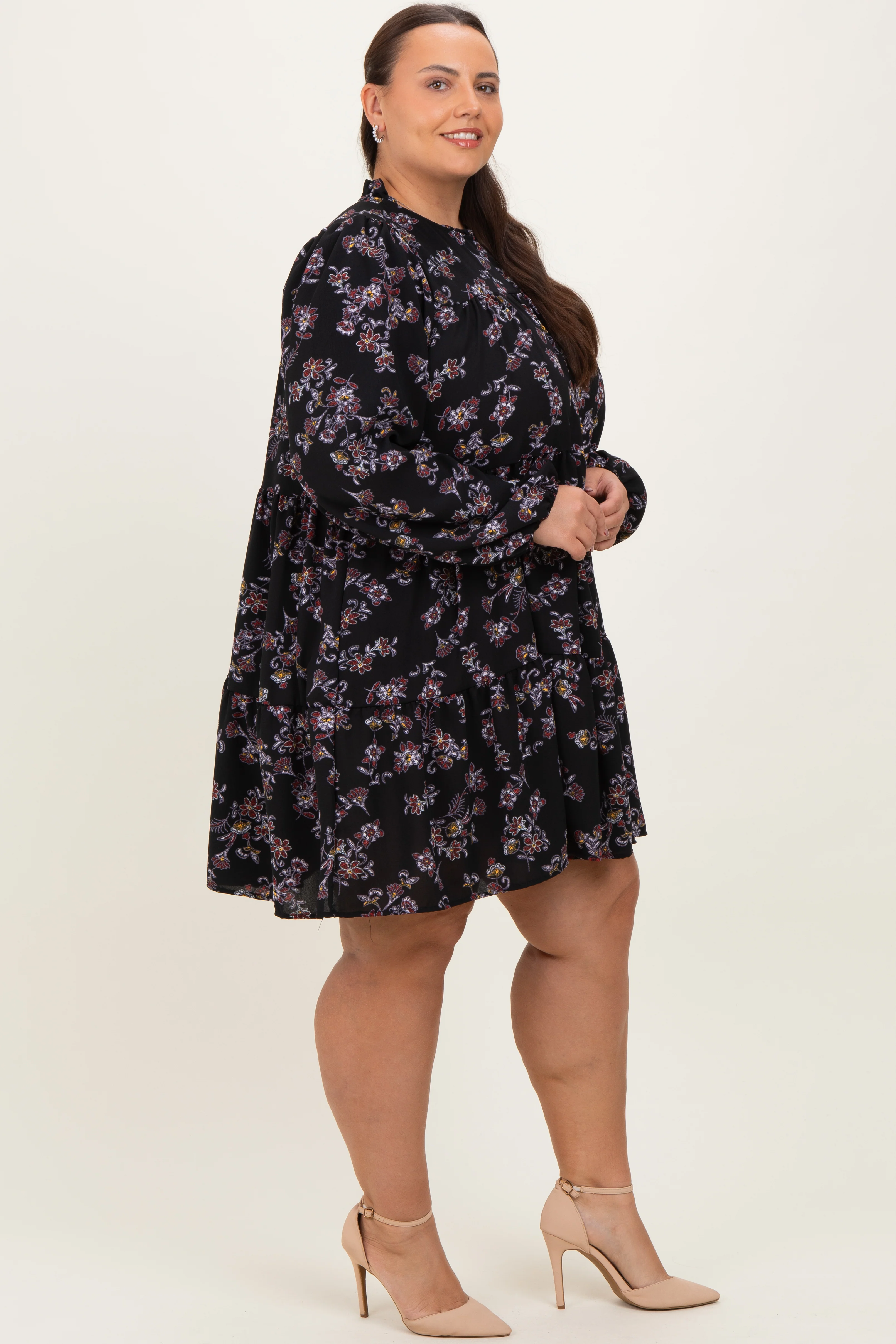 Black Floral Tiered Long Sleeve Plus Dress - Image 3
