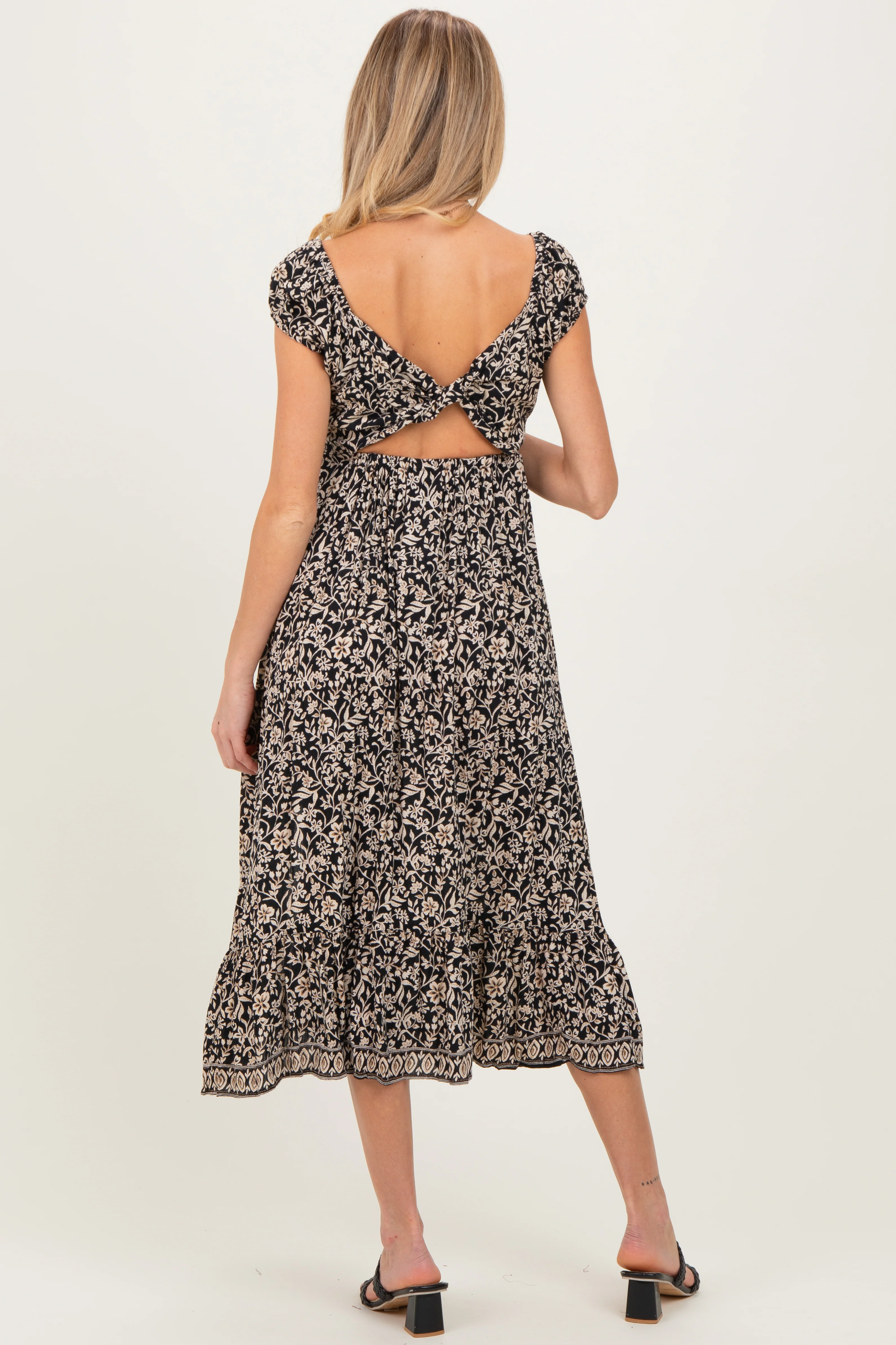 Black Floral Twisted Back Cutout Maternity Midi Dress - Image 4