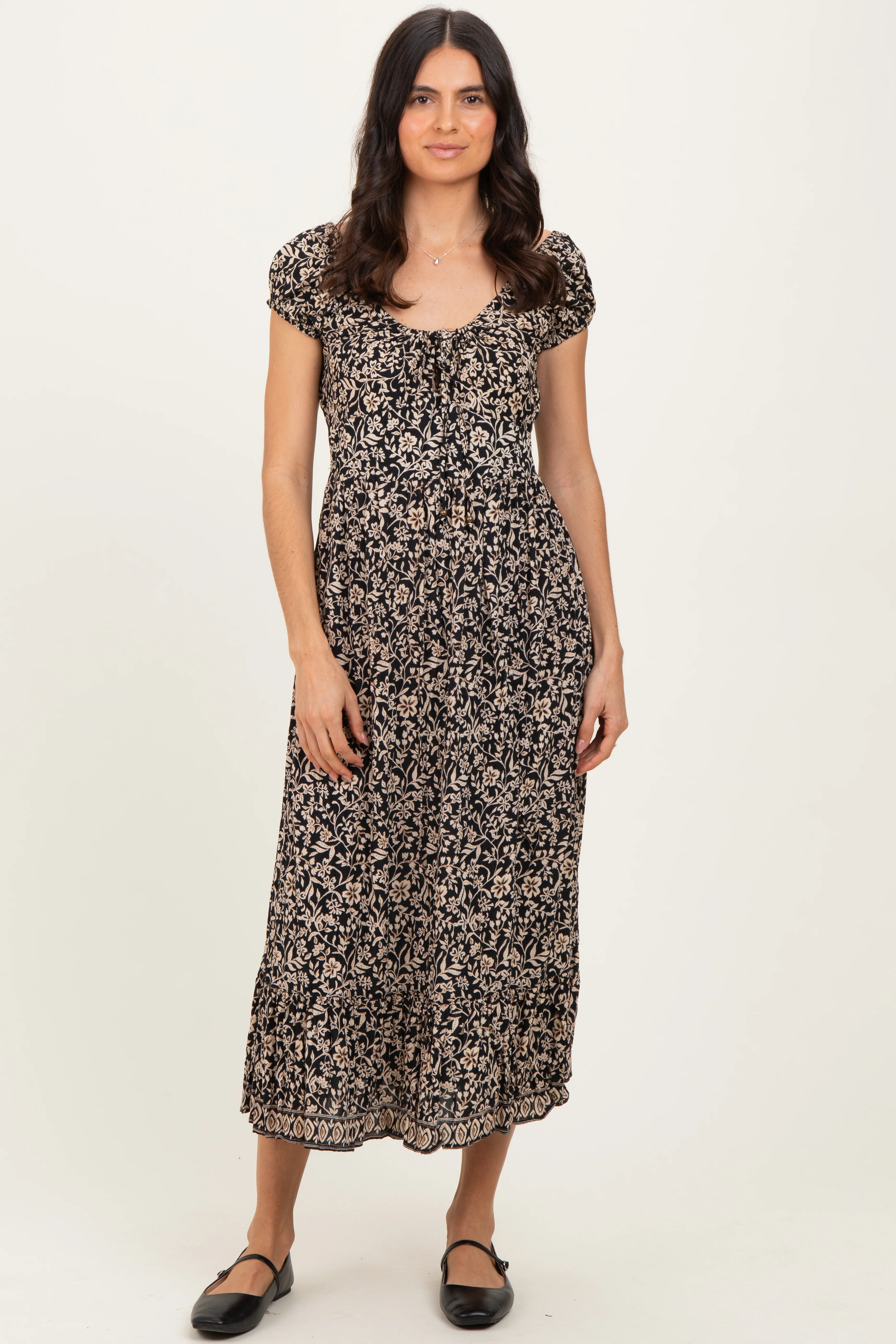 Black Floral Twisted Back Cutout Maternity Midi Dress - Image 5