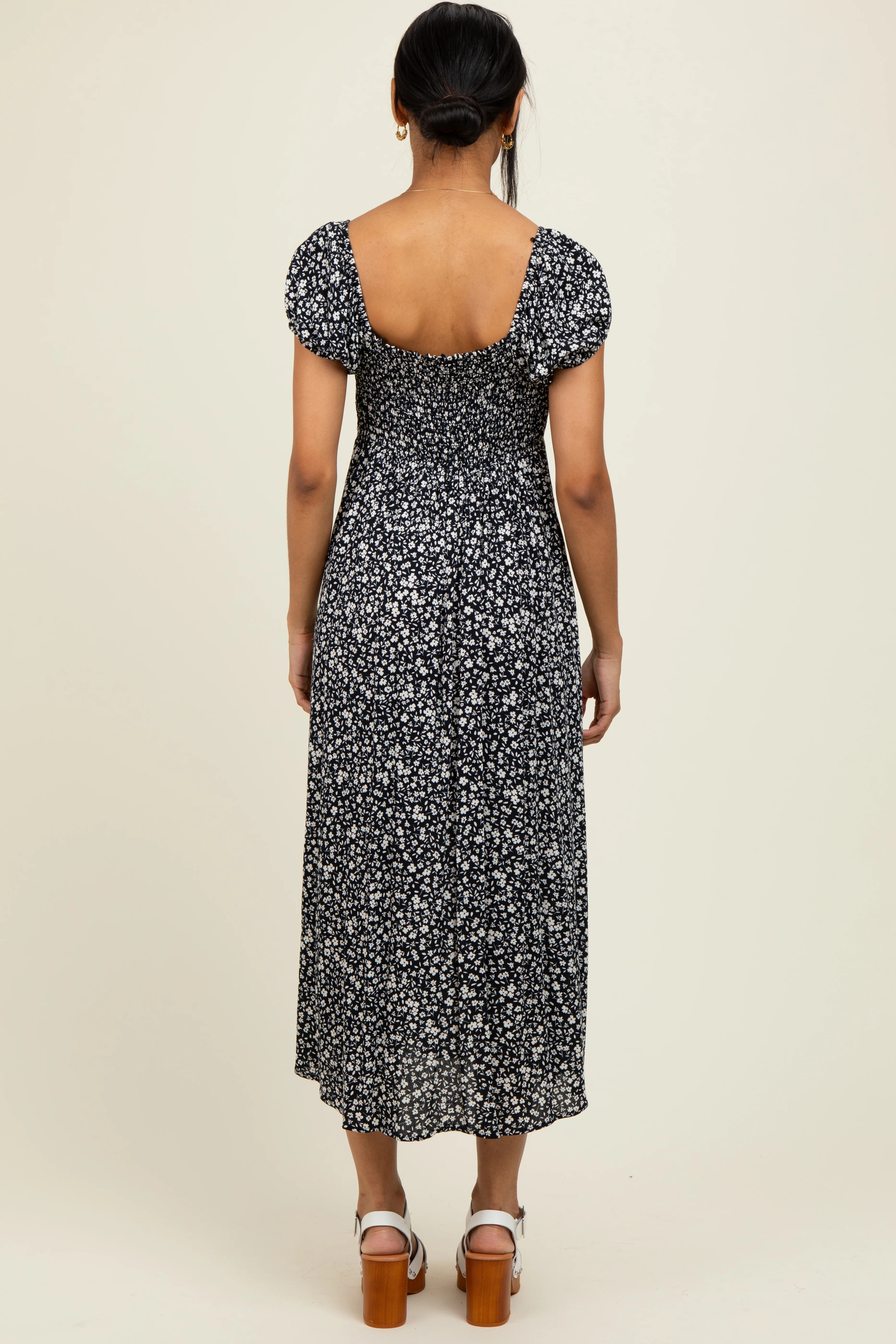 Black Floral V-Neck Button Down Midi Dress - Image 3