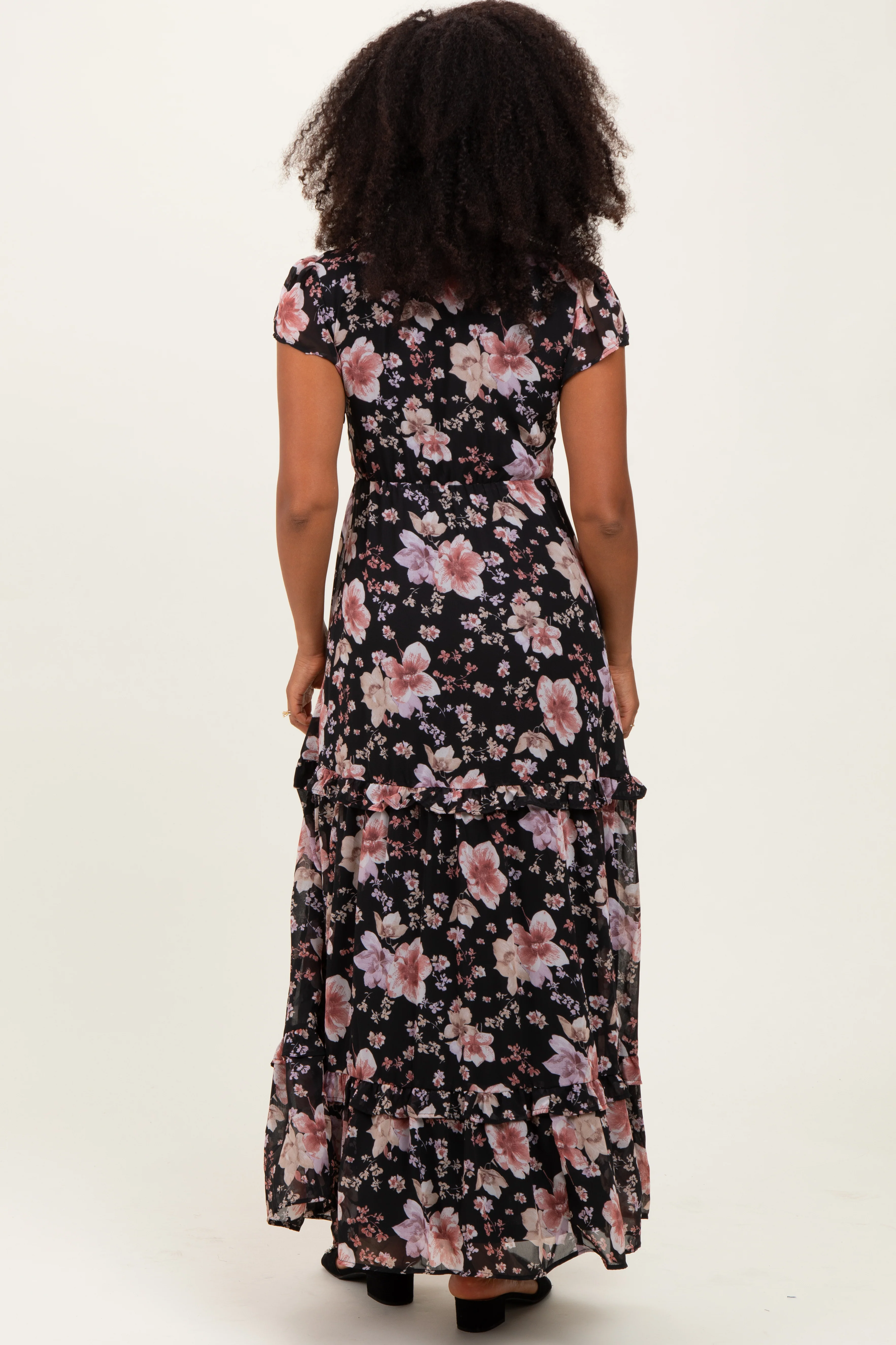 Black Floral V-Neck Side Silt Maxi Dress - Image 4