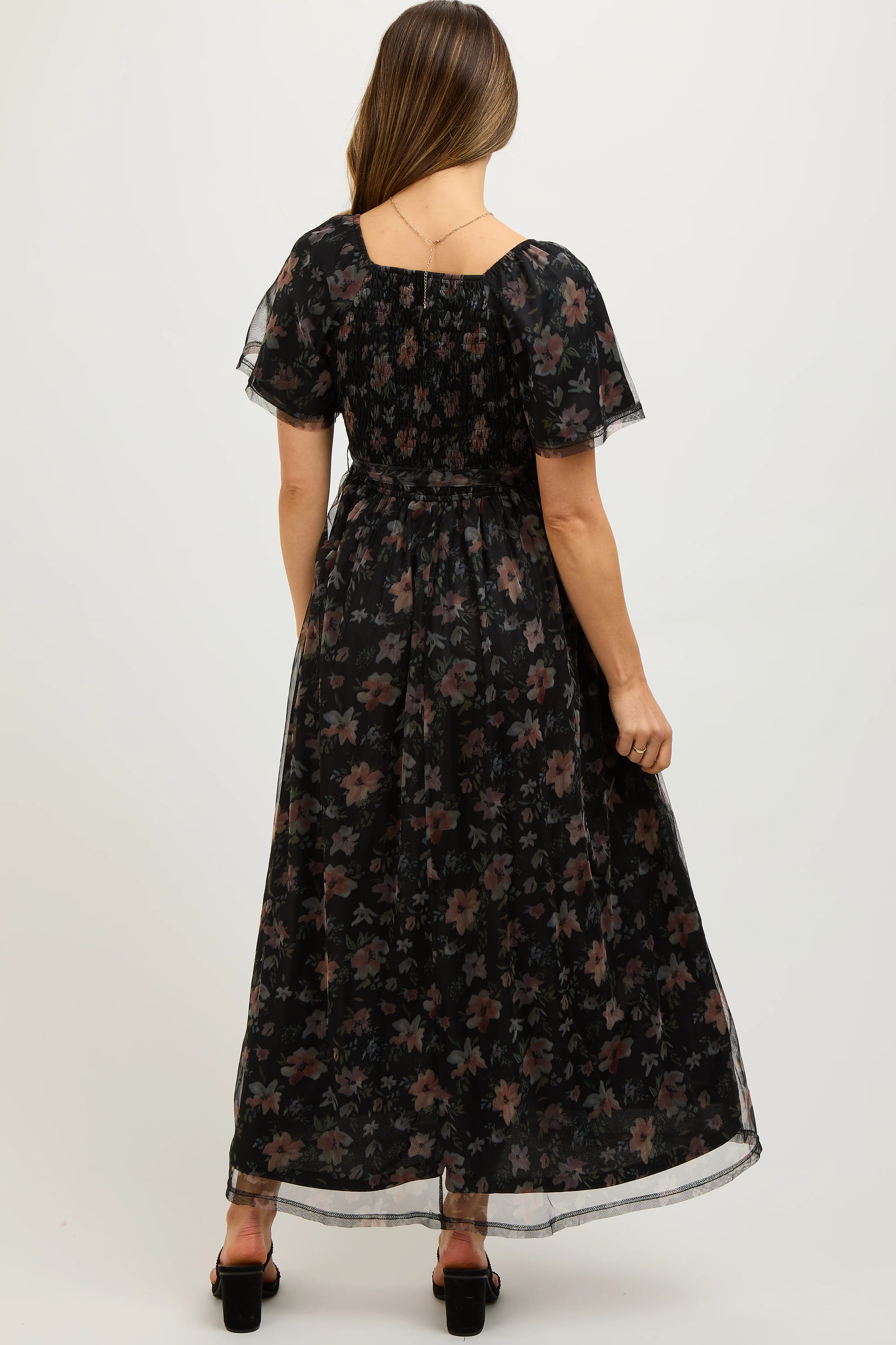 Black Floral Waist Tie Maternity Midi Dress - Image 4