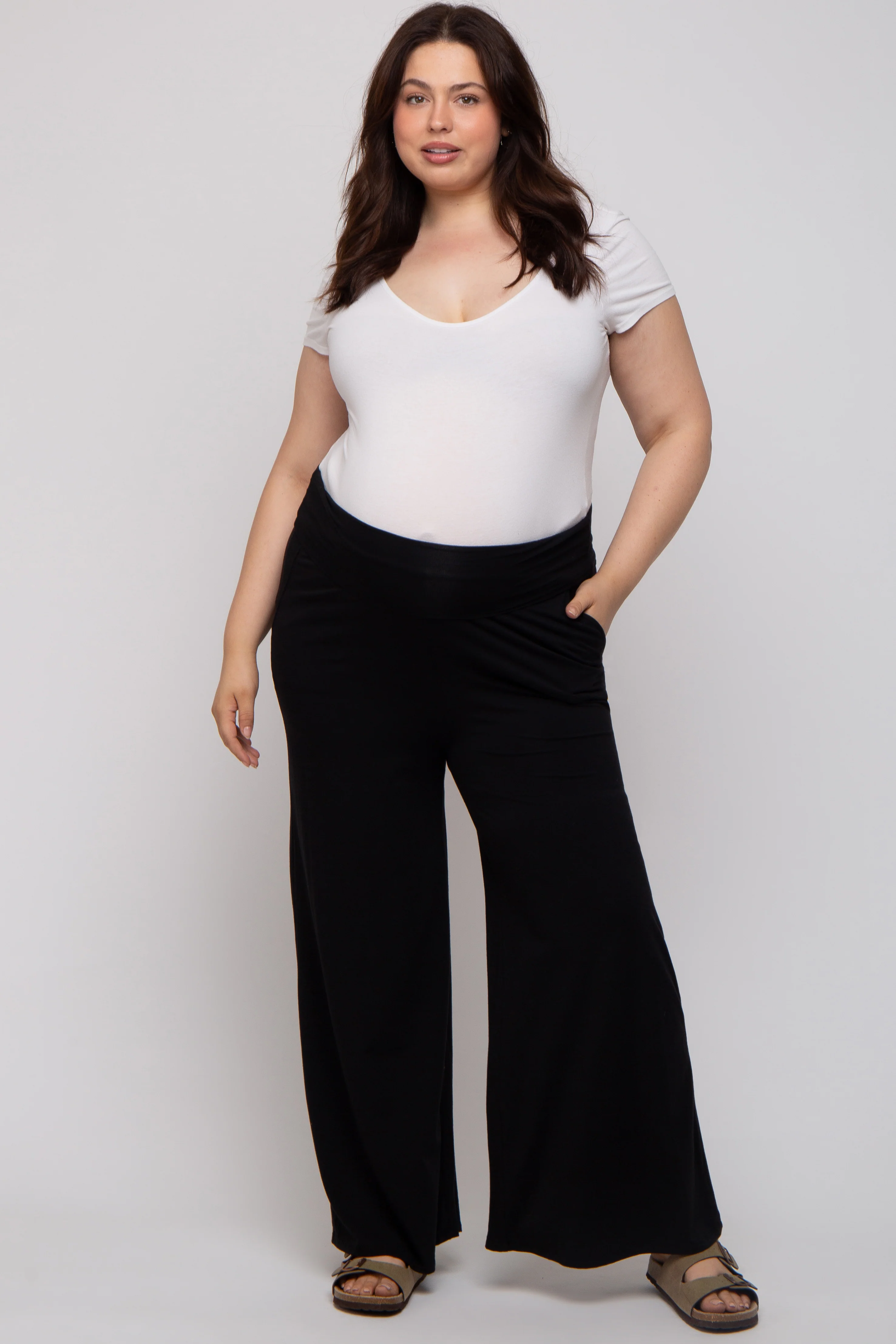 Black Foldover Band Wide Leg Maternity Plus Lounge Pants - Image 7