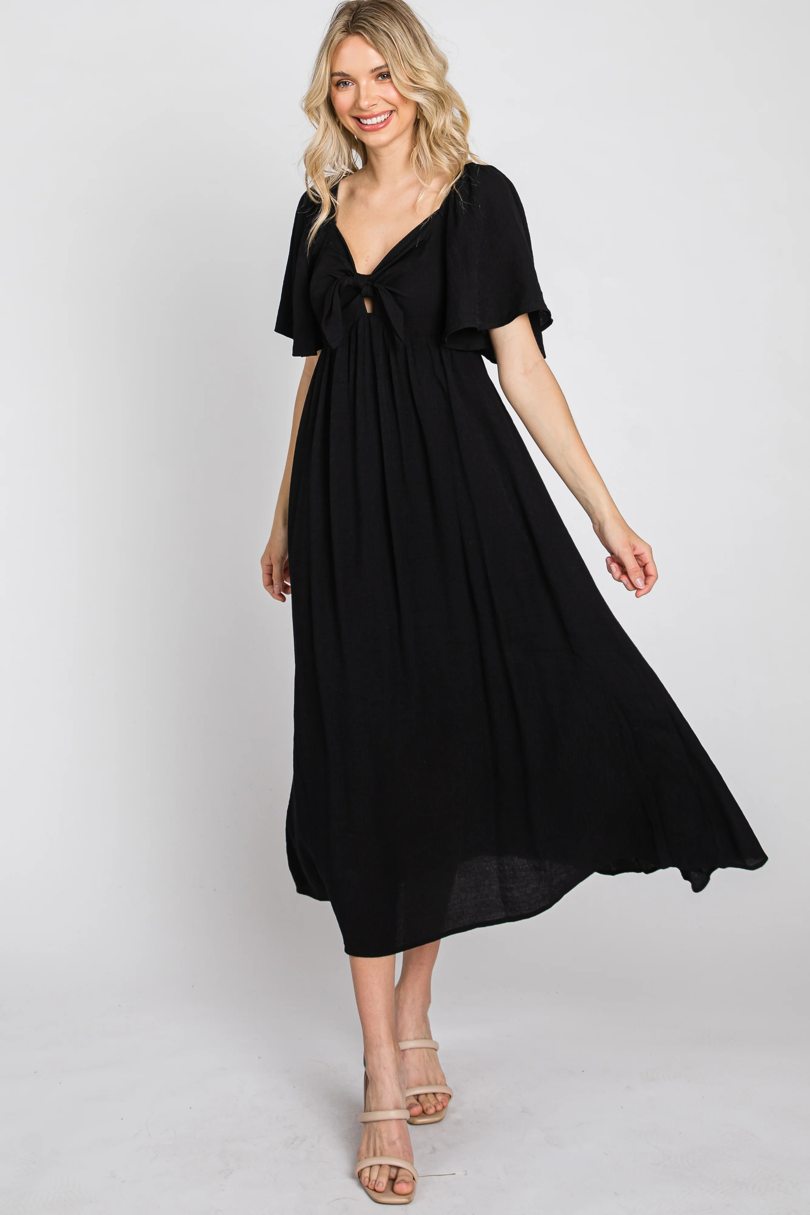 Black Front Tie Ruffle Sleeve Midi Dress - Image 2