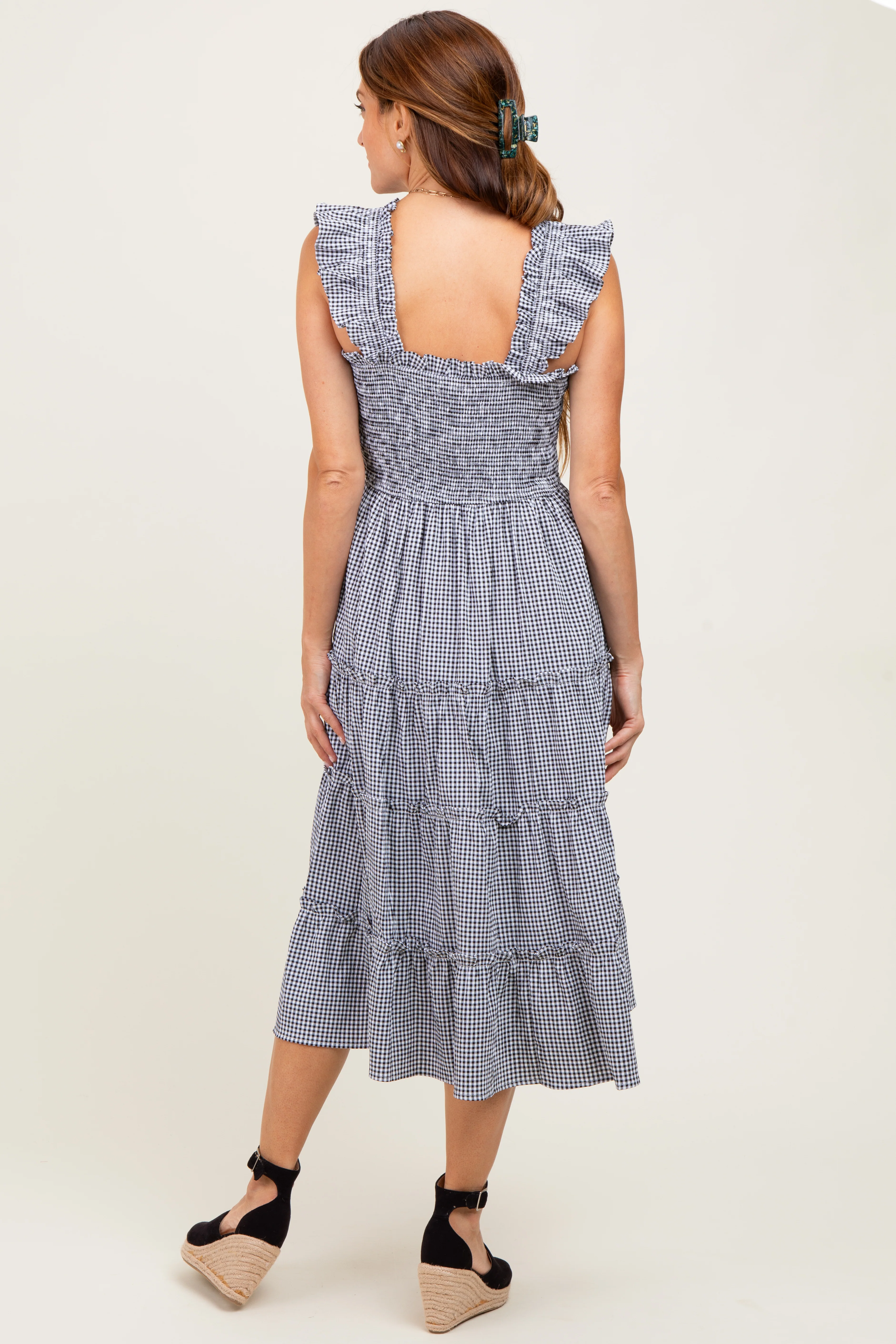Black Gingham Ruffle Tiered Midi Dress - Image 4
