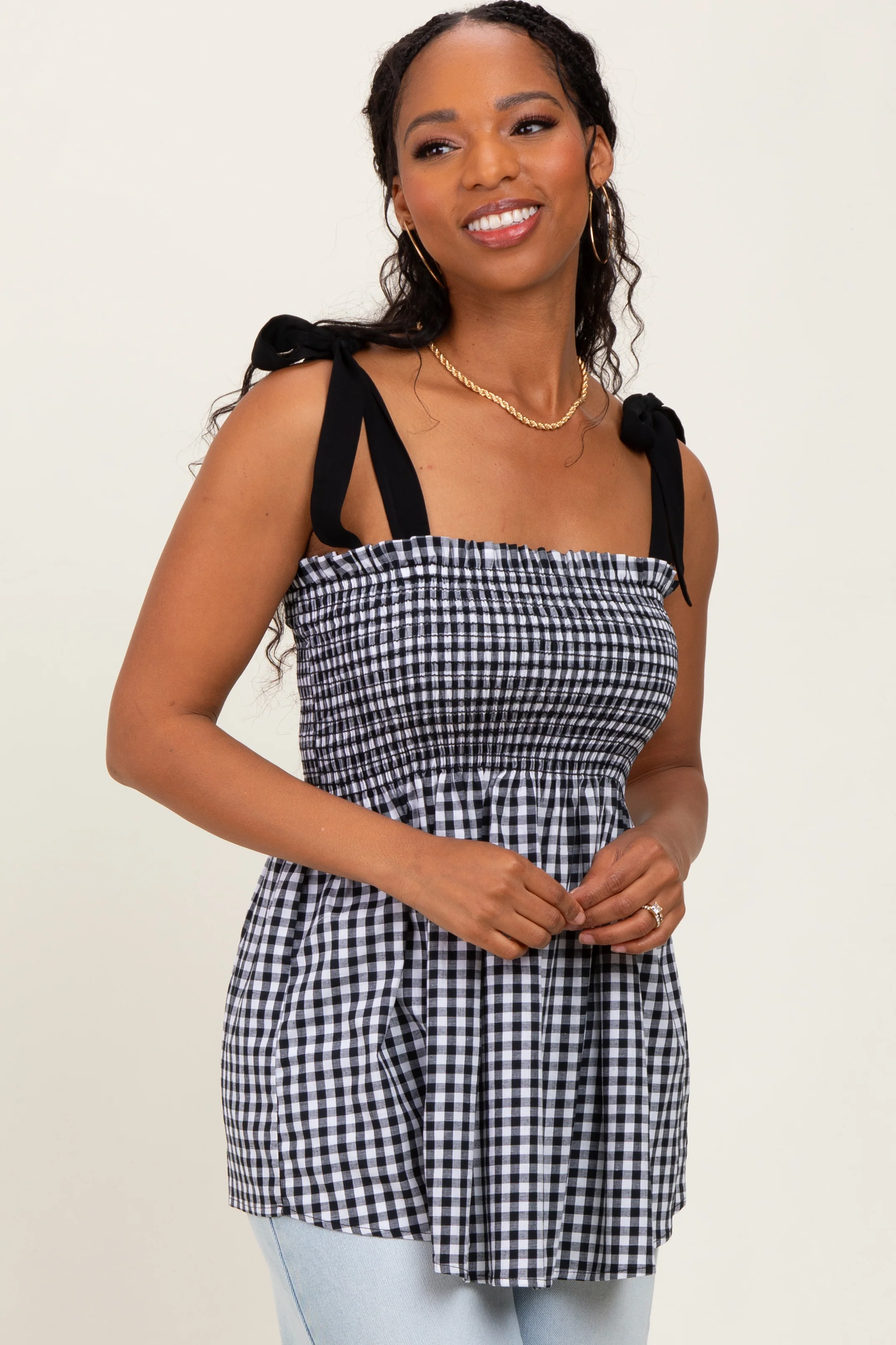 Black Gingham Smocked Shoulder Tie Maternity Top - Image 5