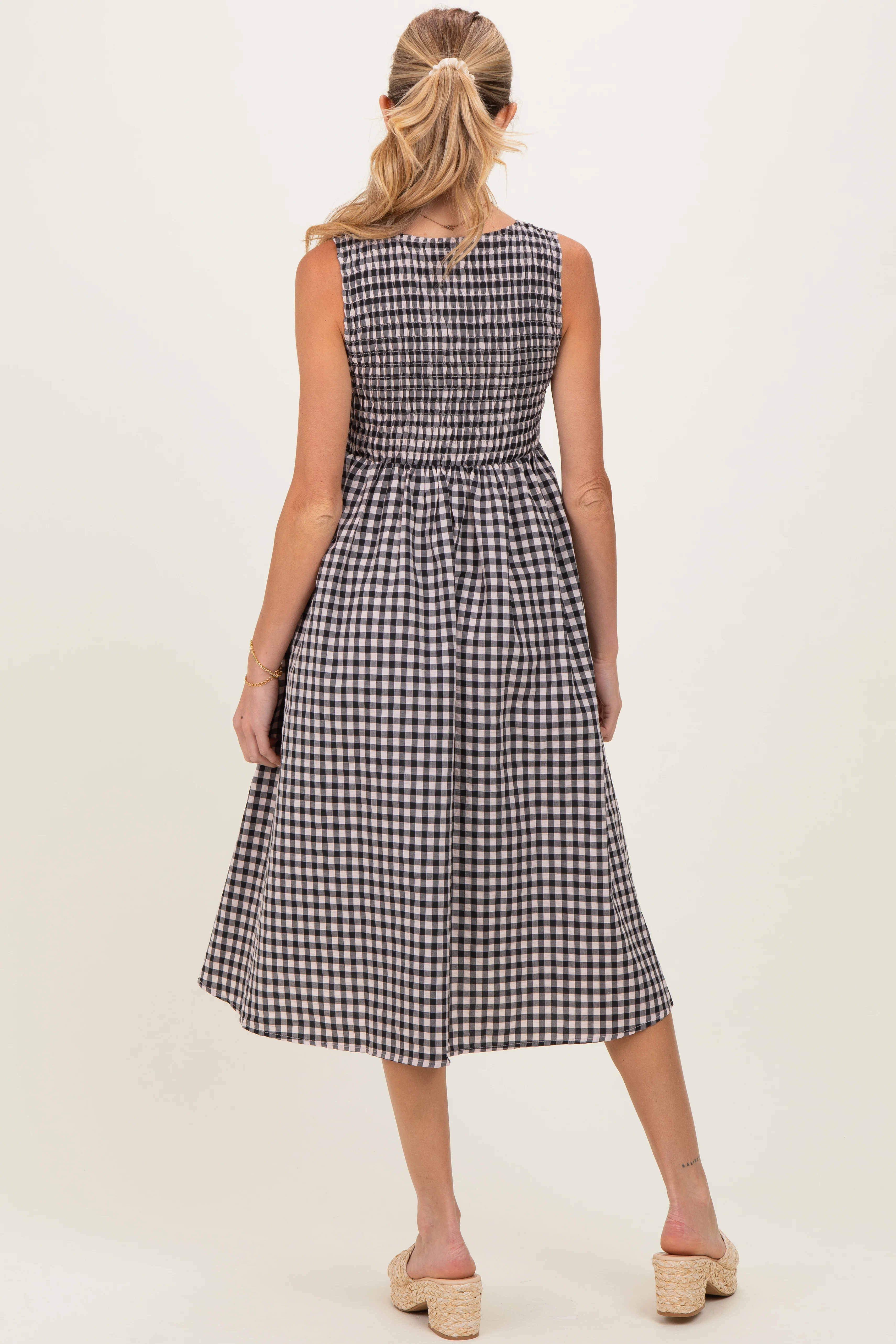 Black Gingham Smocked Sleeveless Maternity Midi Dress - Image 3