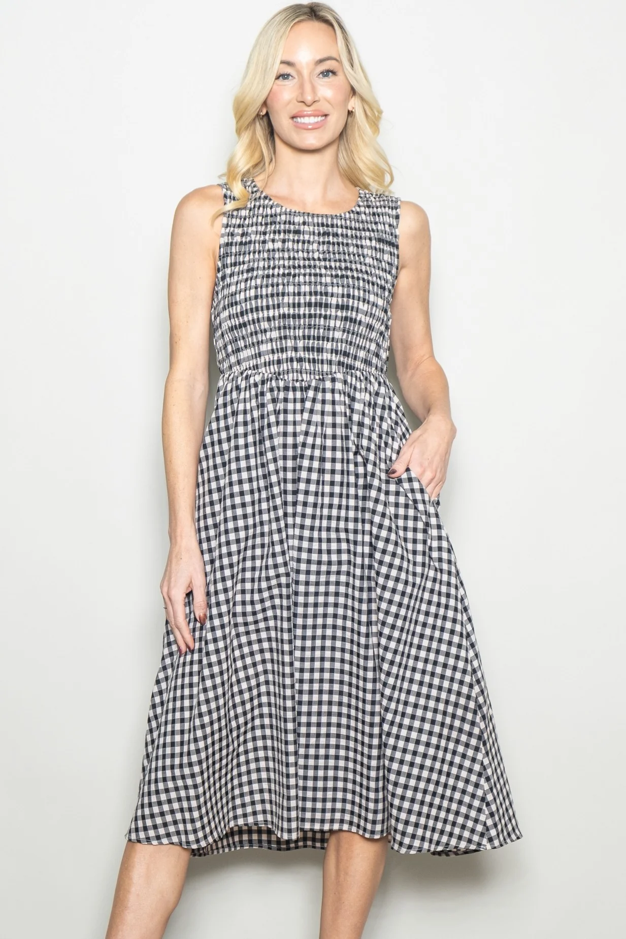 Black Gingham Smocked Sleeveless Maternity Midi Dress - Image 4
