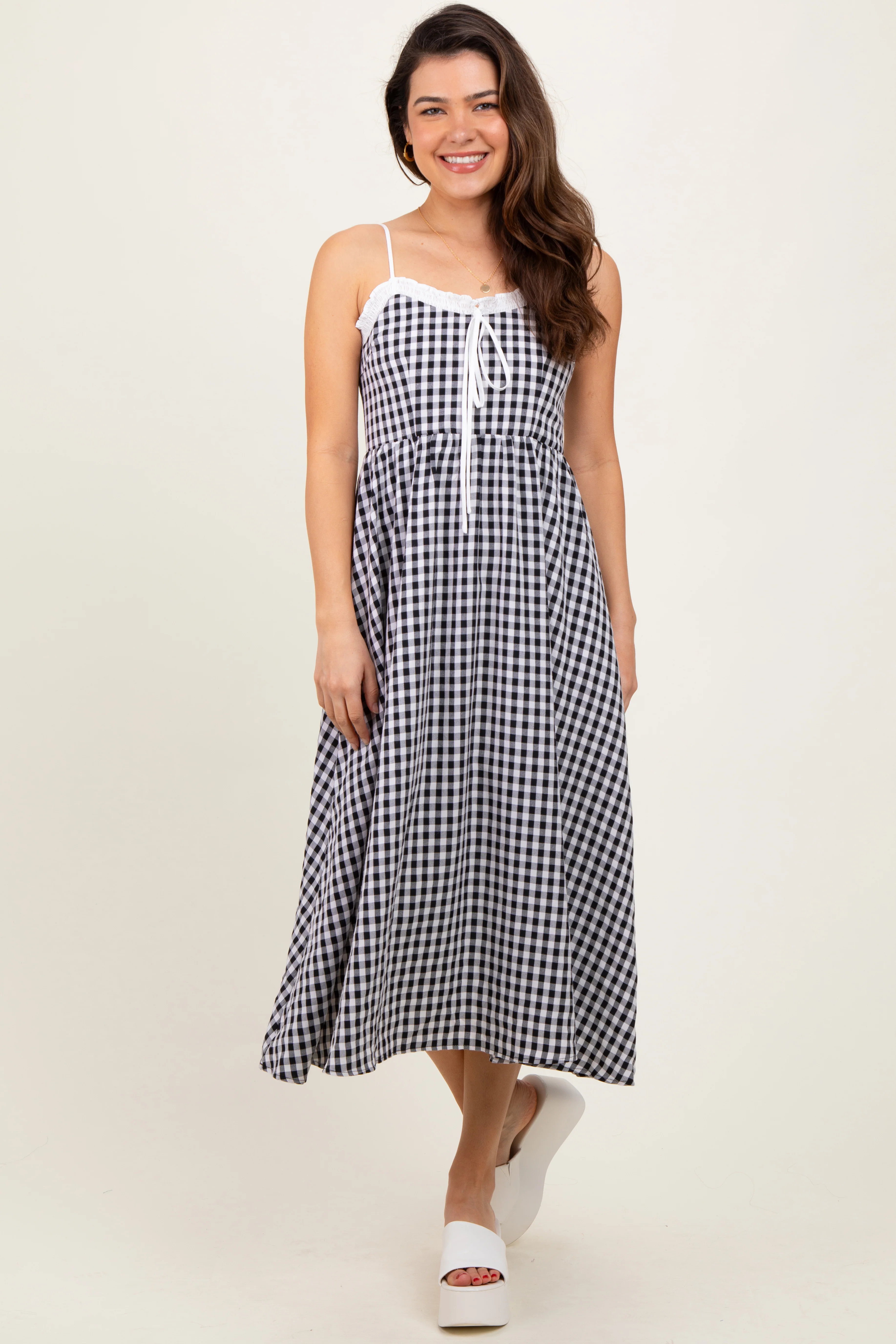 Black Gingham Smocked Trim Maternity Midi Dress - Image 5