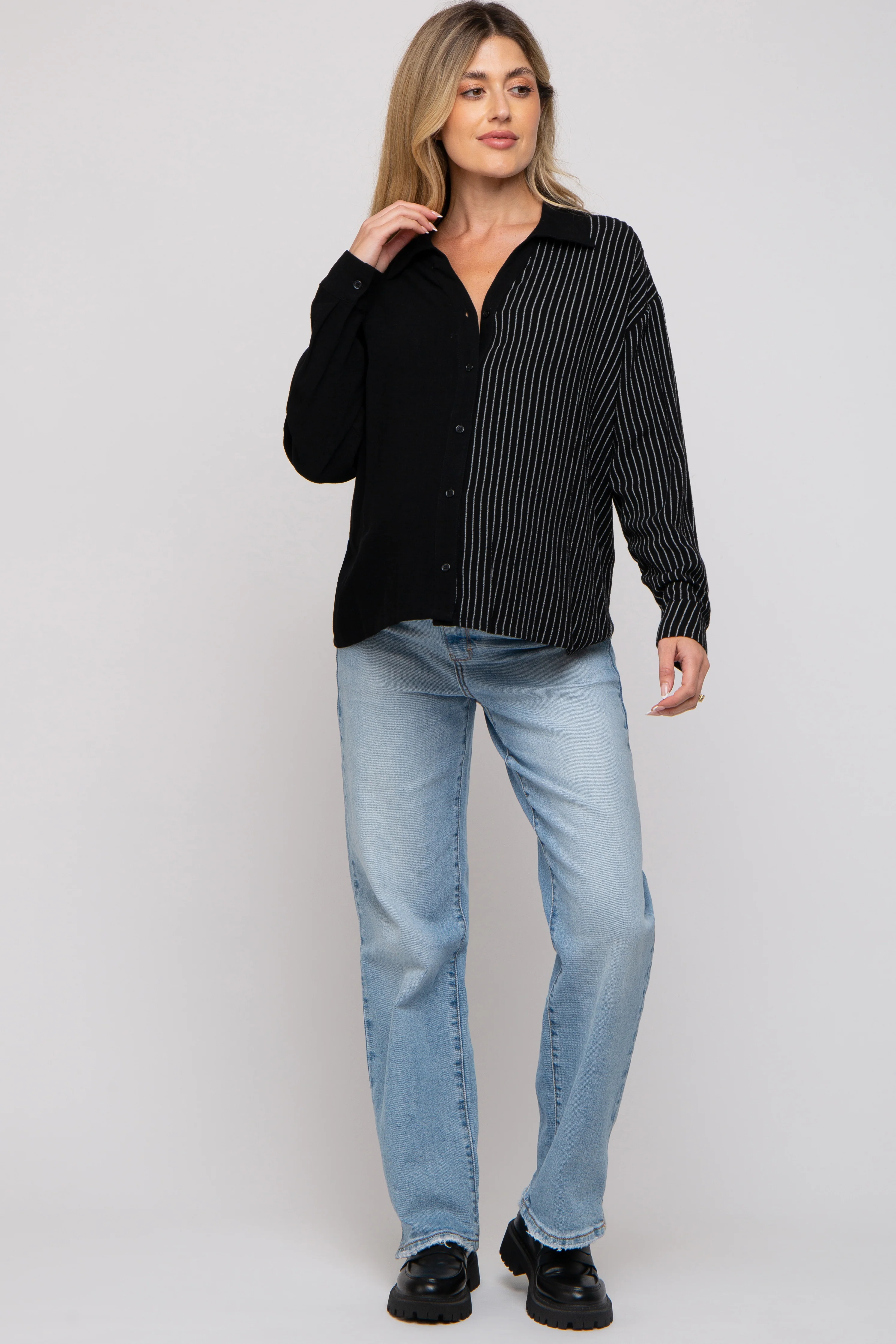 Black Half Stripe Button Down Maternity Top - Image 4