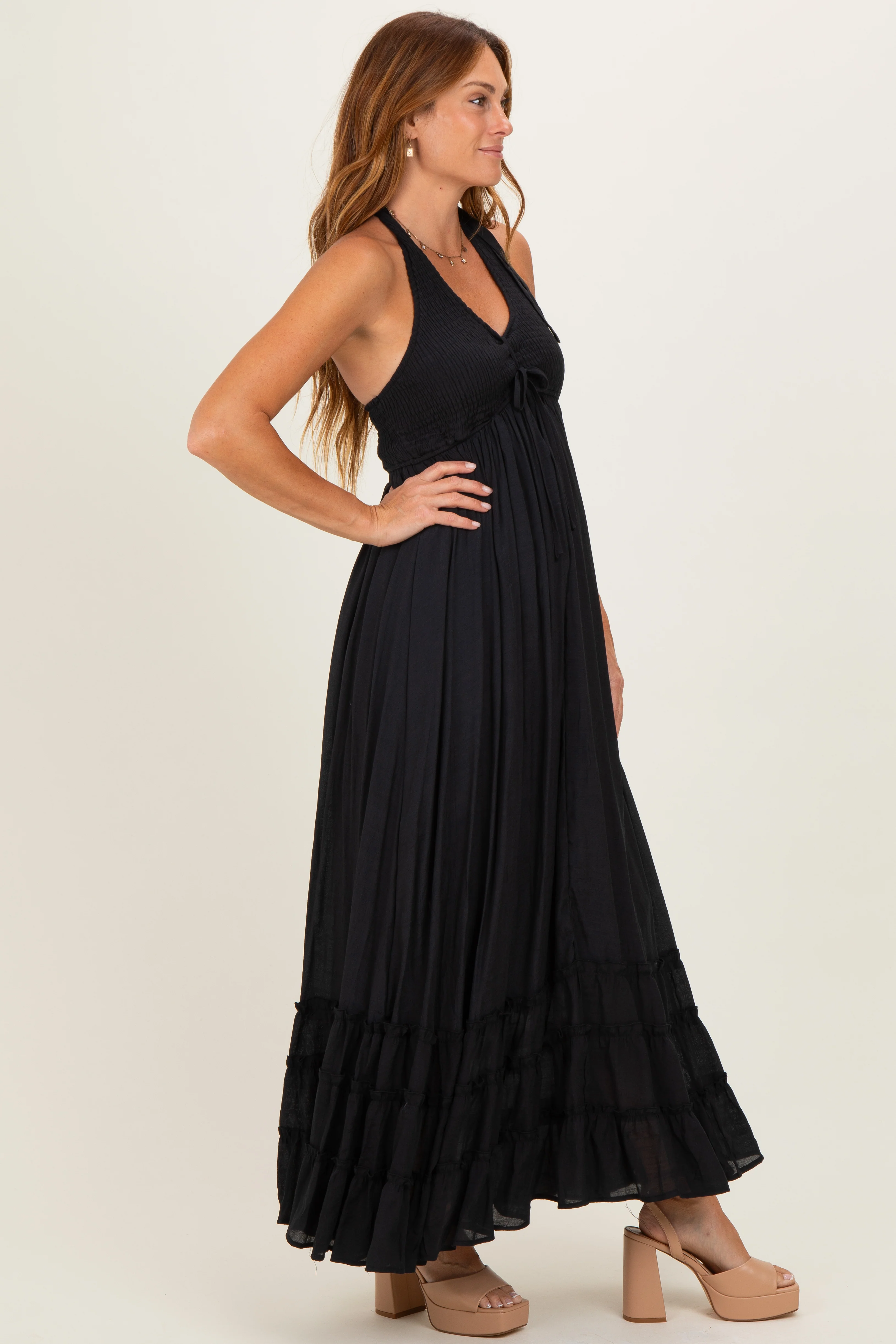 Black Halter Neck Smocked Maxi Dress - Image 2
