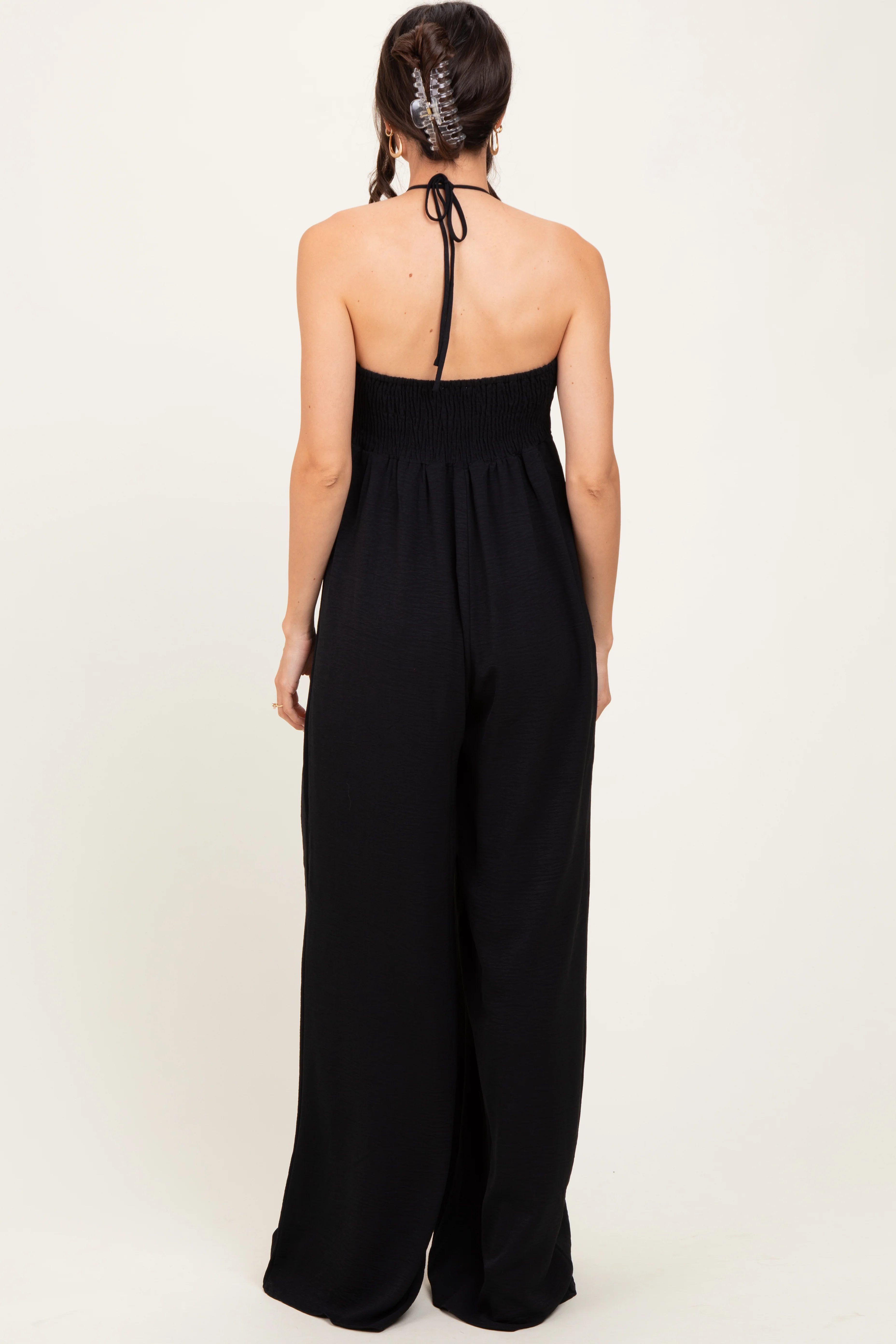 Black Halter Neck Wide Leg Jumpsuit - Image 4