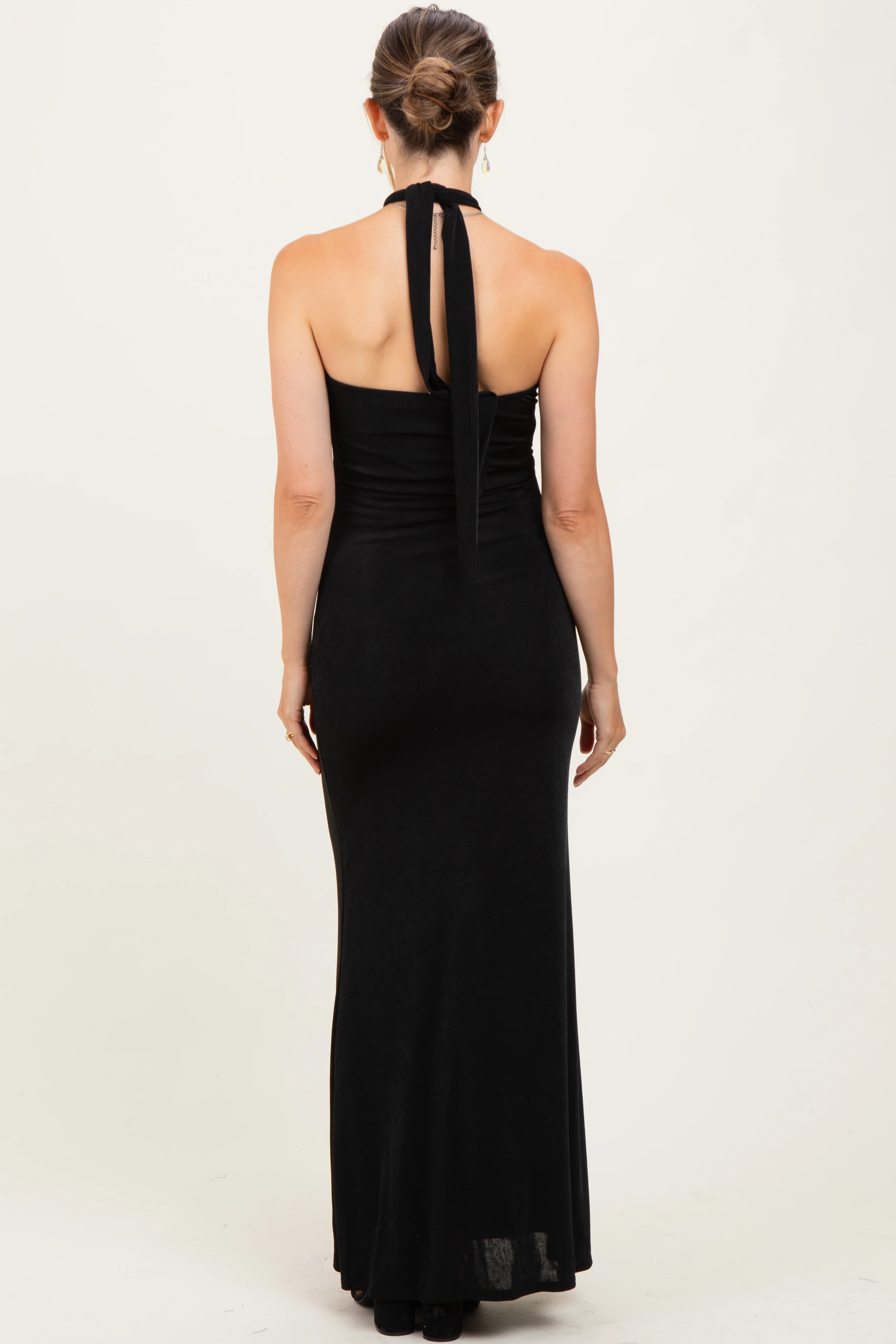 Black Halter Pendant Maternity Maxi Dress - Image 4