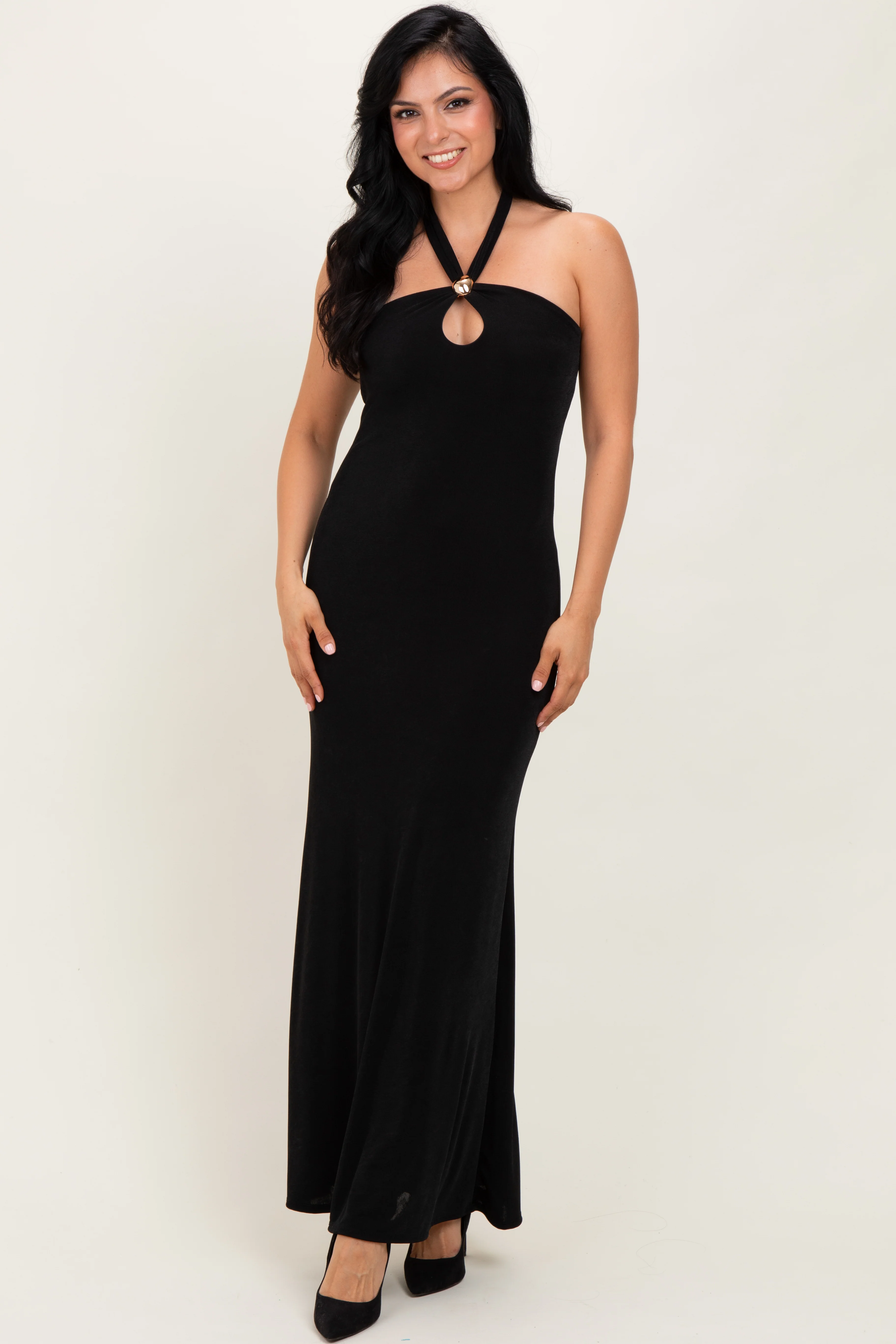 Black Halter Pendant Maternity Maxi Dress - Image 5
