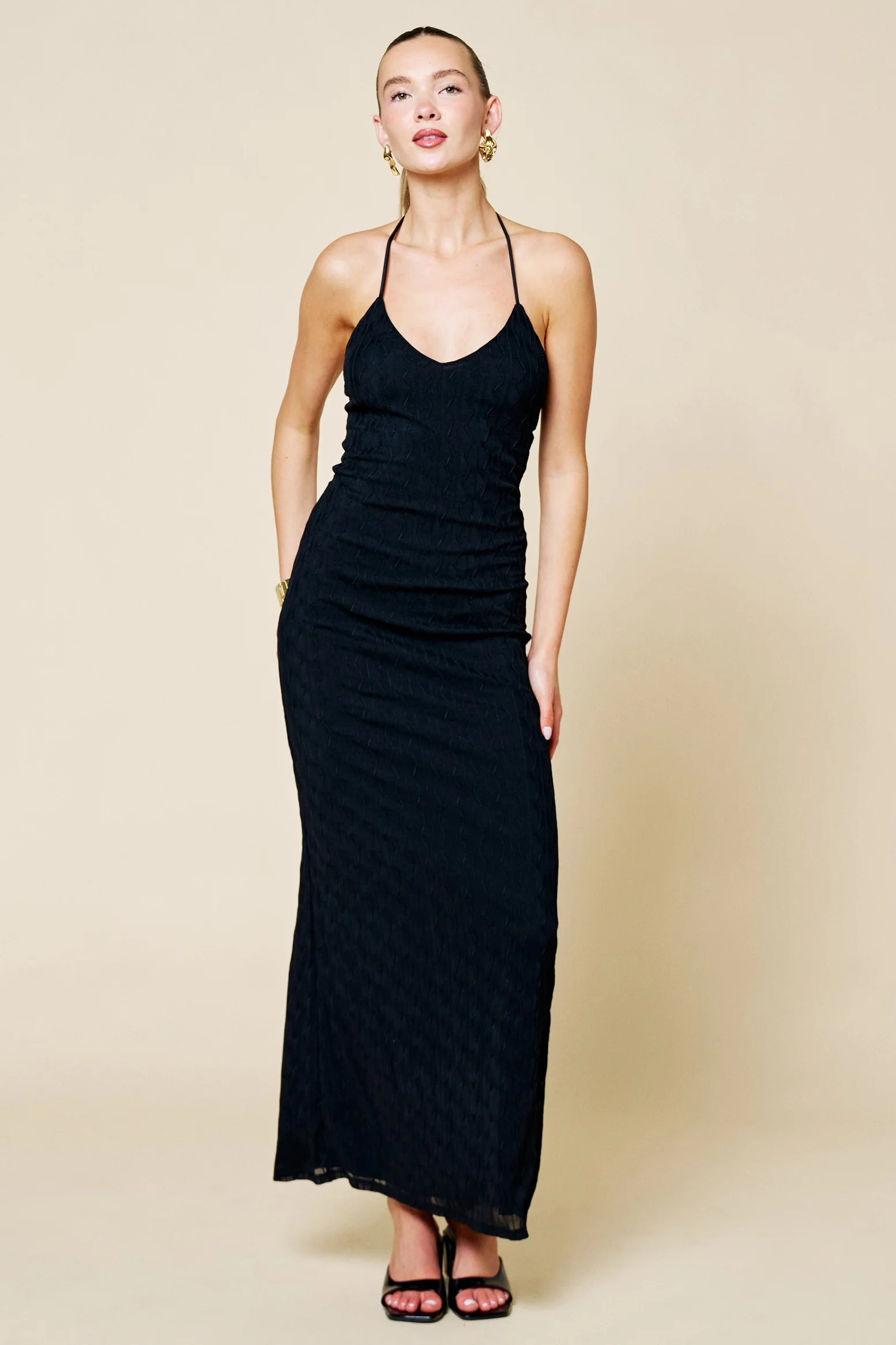 Black Halter Textured Knit Maternity Maxi Dress - Image 4
