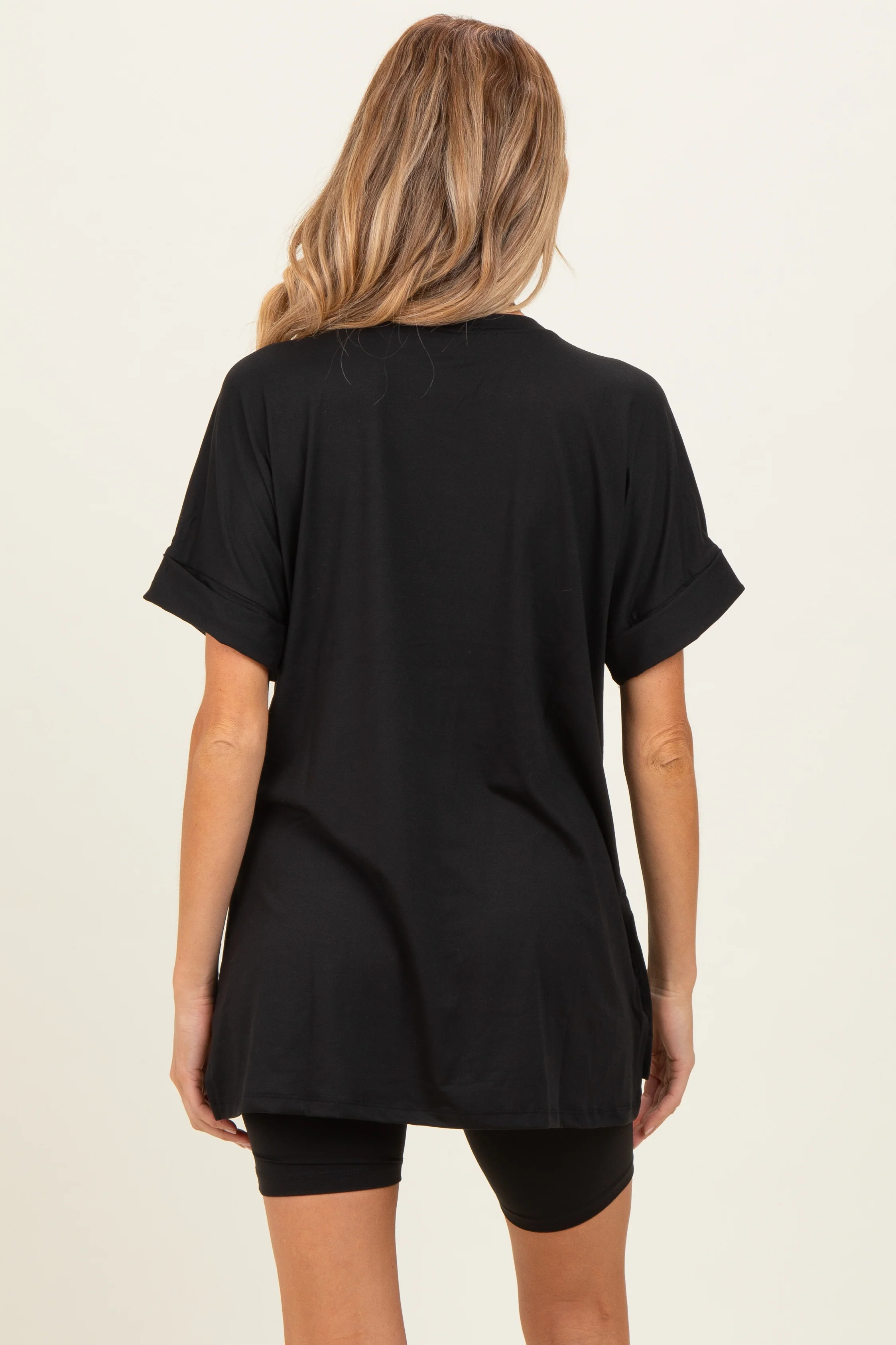 Black Hi-Low Short Sleeve Tee Biker Short Maternity Set - Image 3