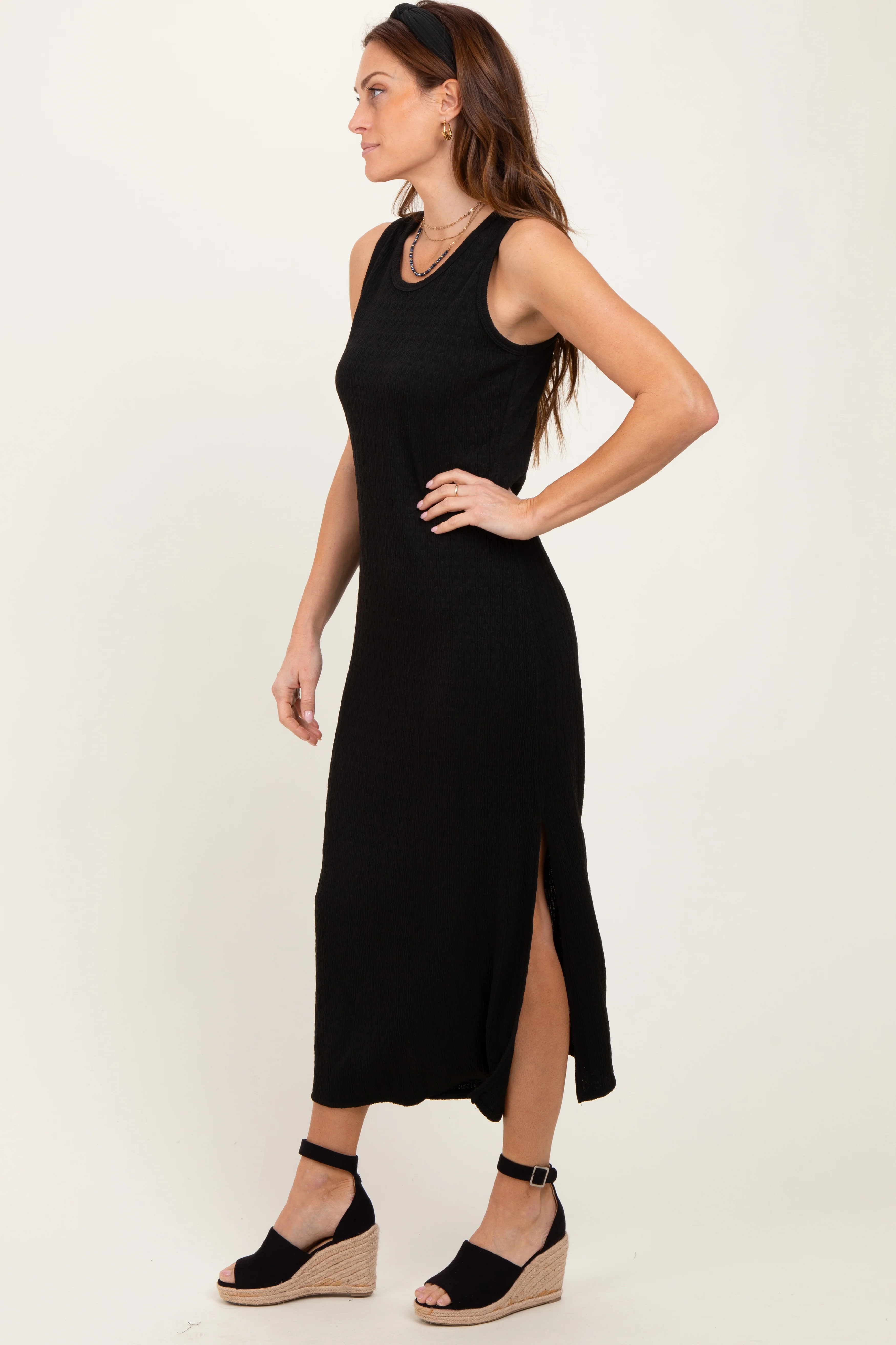 Black Jacquard Sleeveless Side Slit Midi Dress - Image 3