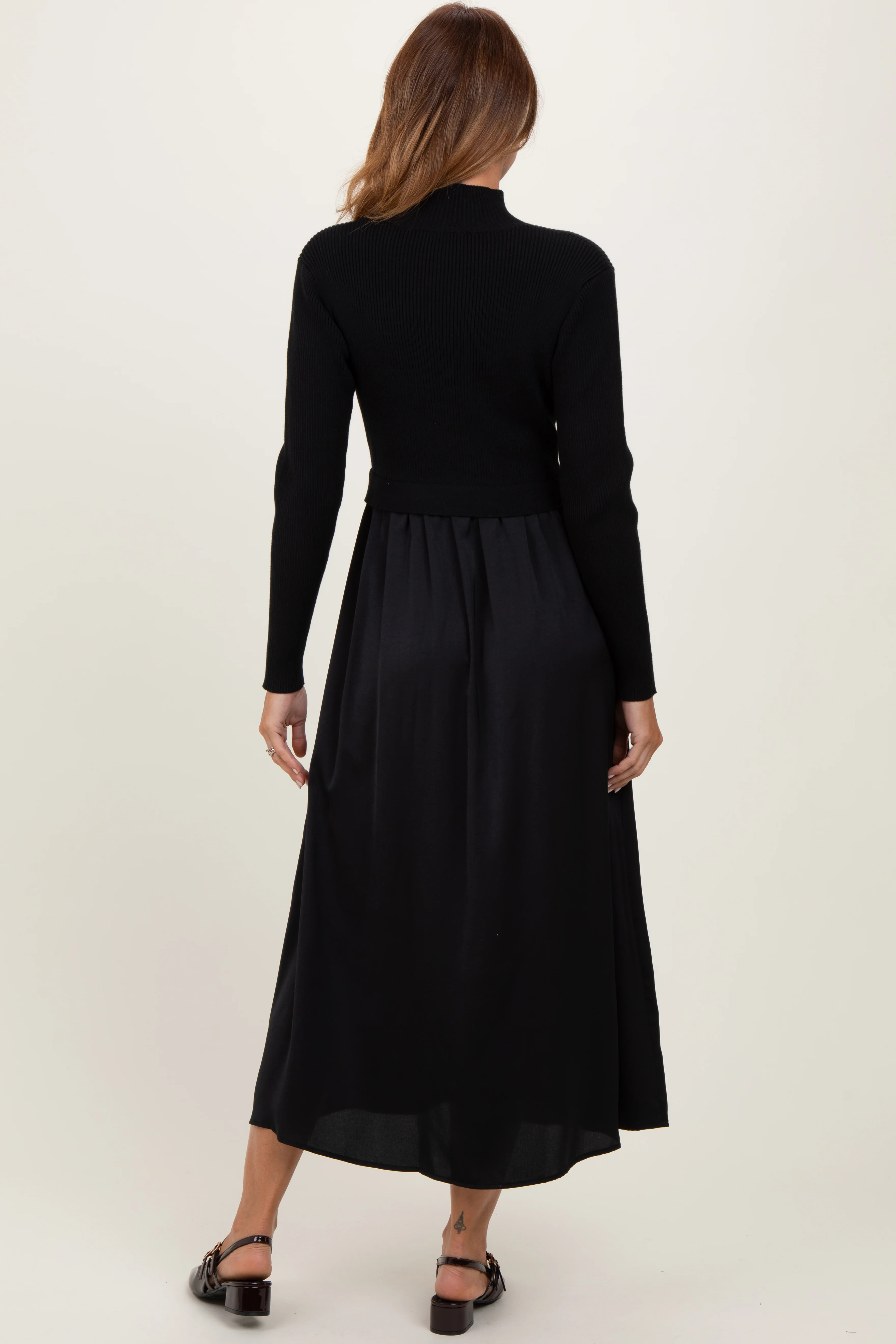 Black Knit Contrast Top Satin Midi Dress - Image 4
