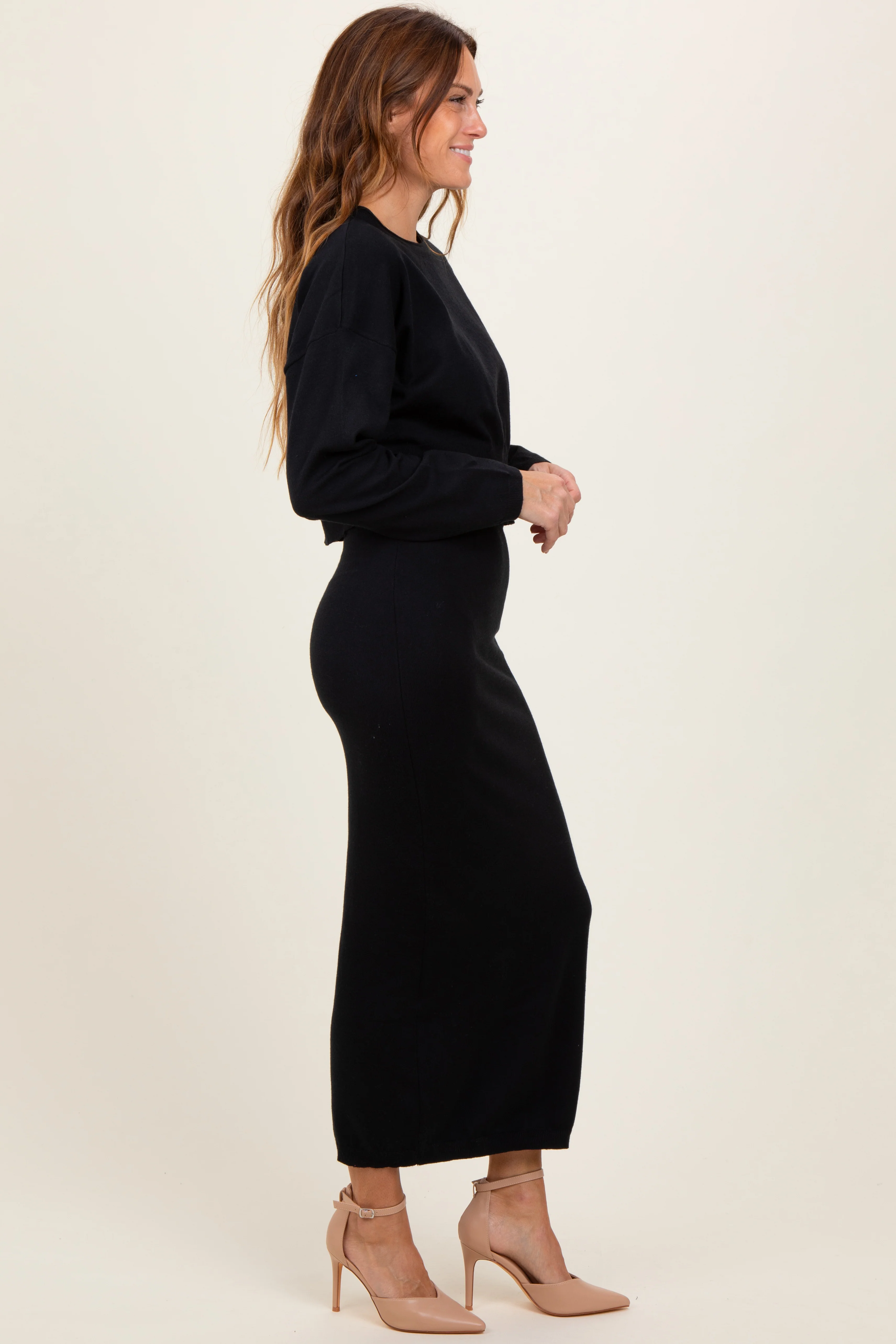 Black Knit Midi Skirt Sweater Set - Image 3
