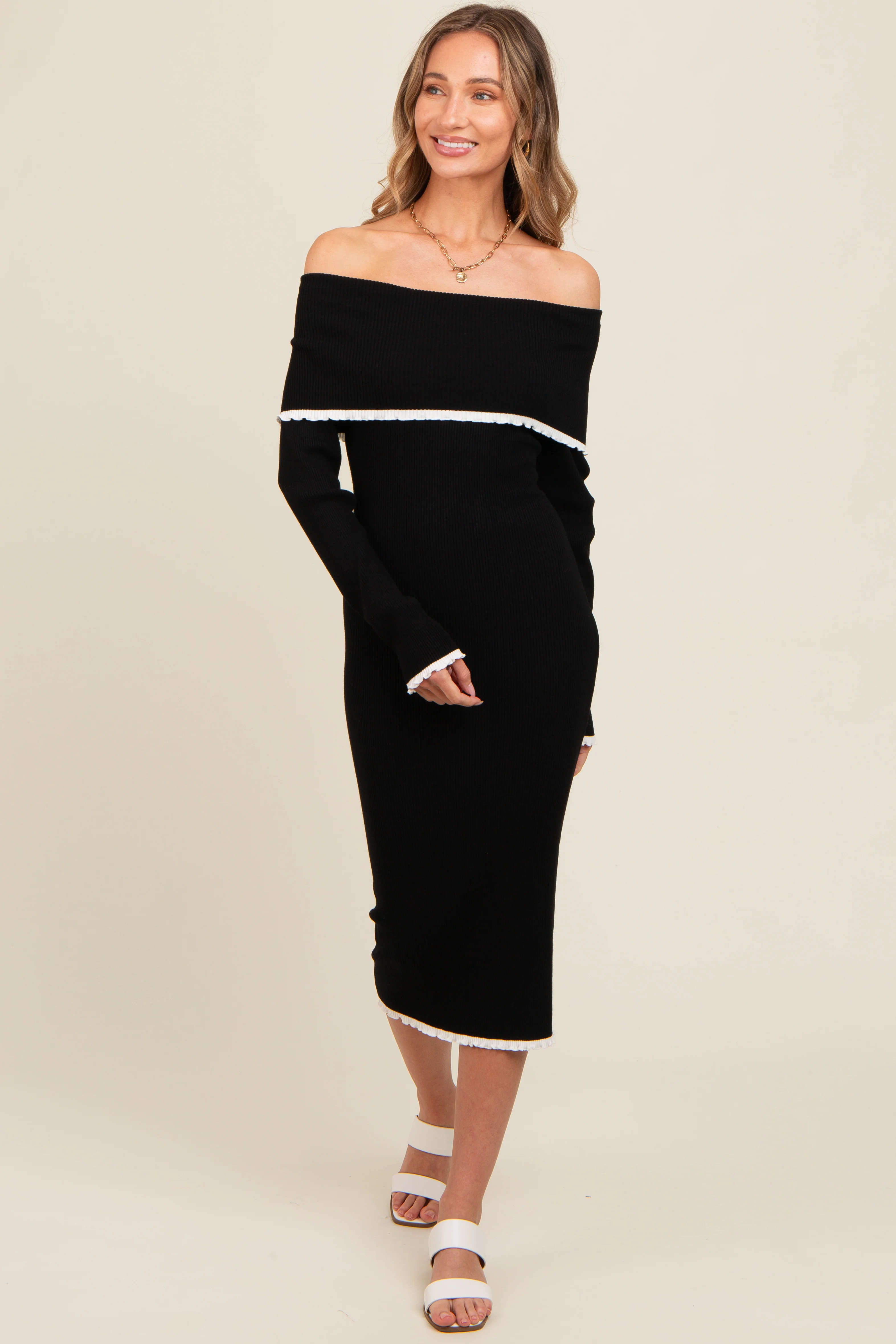 Black Knit Off Shoulder Contrast Ruffle Trim Dress - Image 2