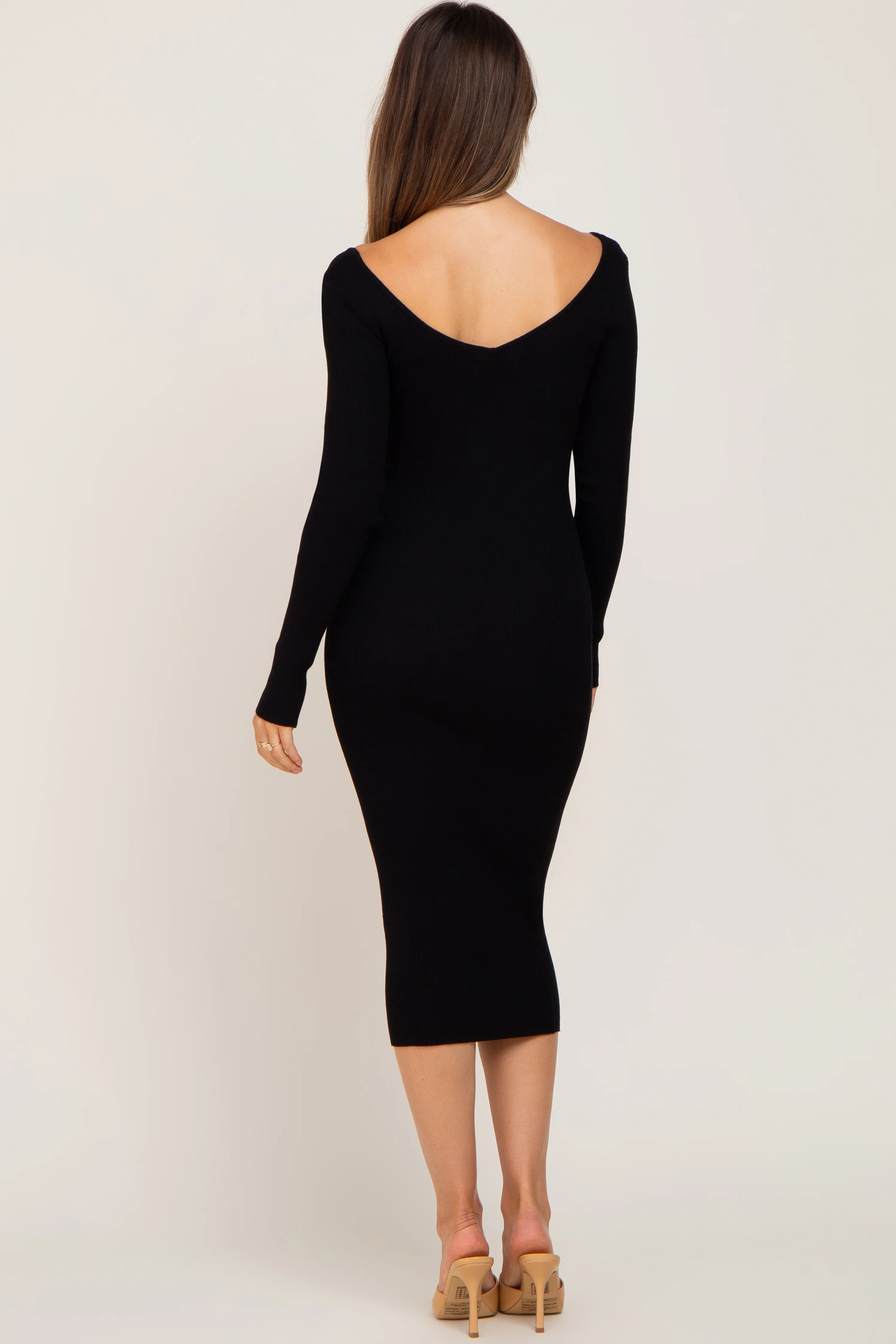 Black Knit Ribbed Maternity Midi Dress - Image 3