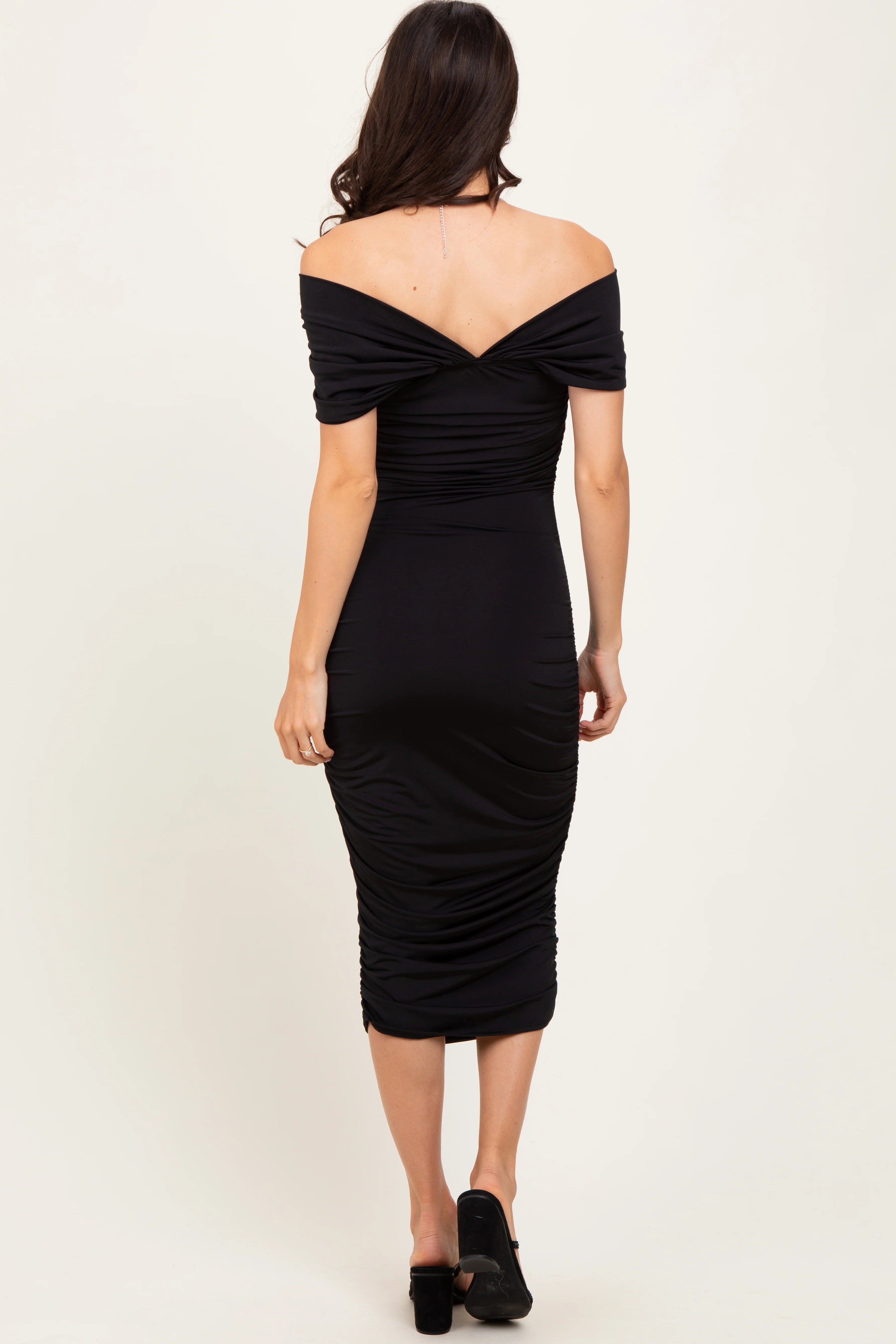 Black Knotted Off Shoulder Ruched Midi Dress - Image 4