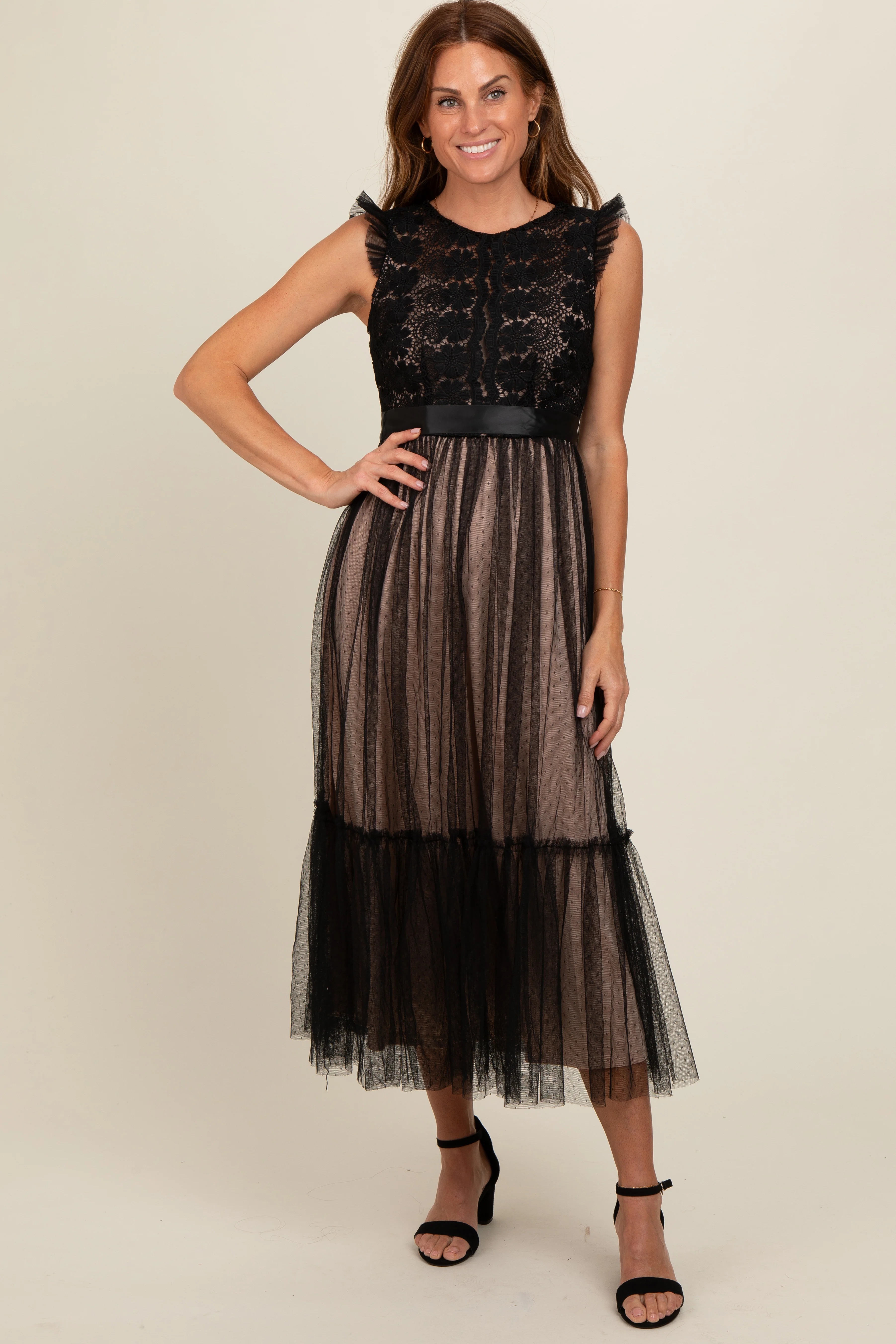 Black Lace Contrast Tulle Maternity Maxi Dress - Image 6