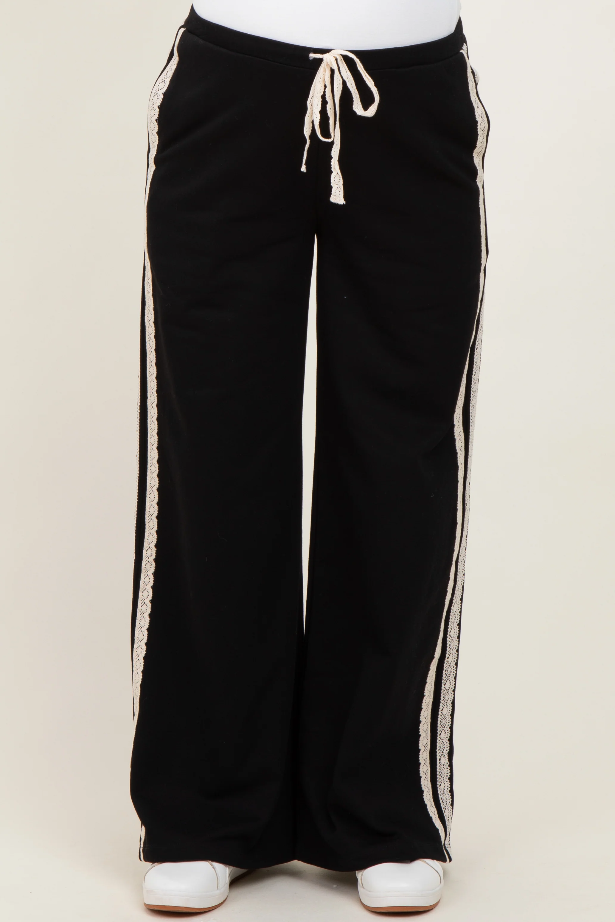 Black Lace Stripe Drawstring Maternity Lounge Pants - Image 3