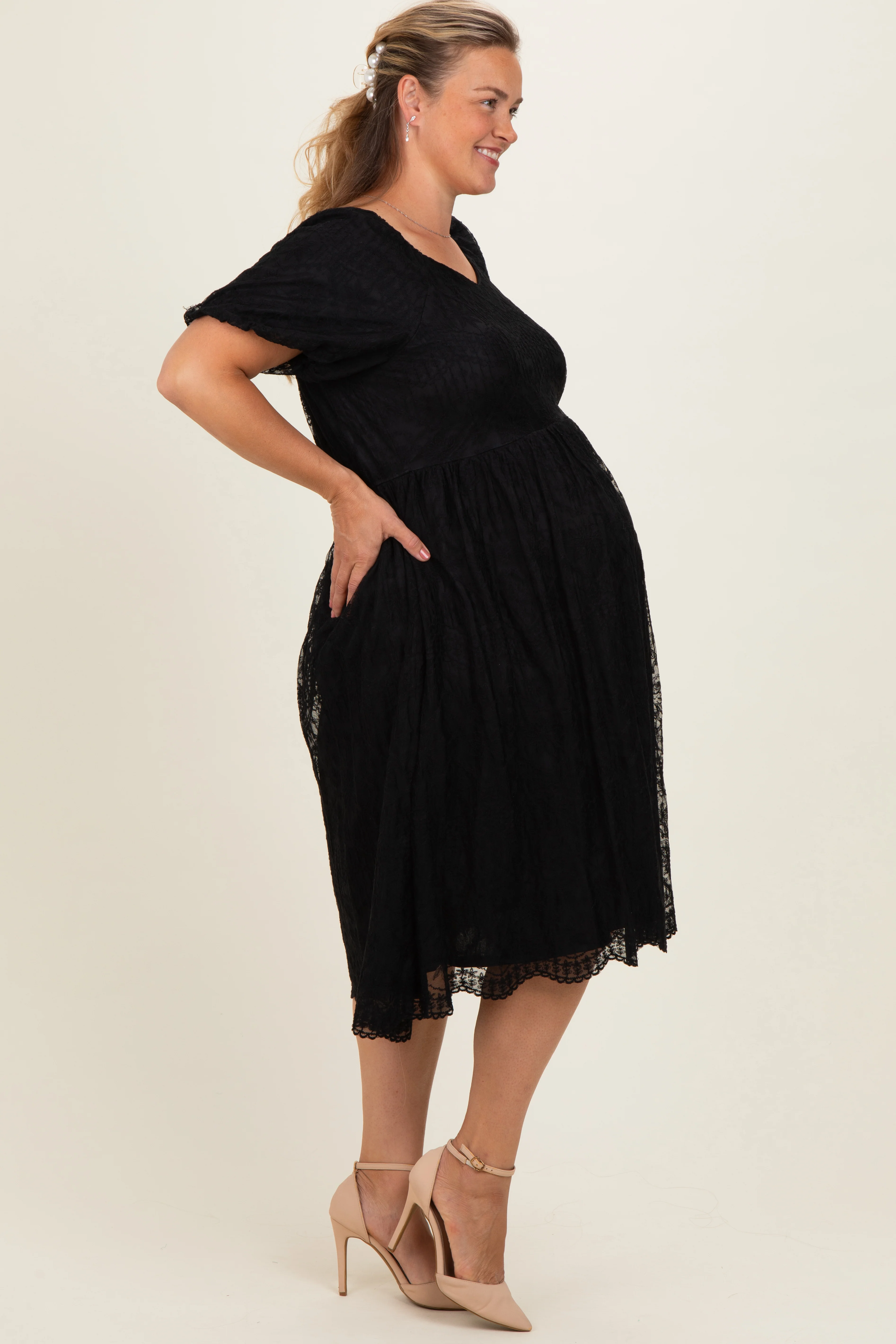 Black Lace Sweetheart Neck Short Sleeve Maternity Plus Midi Dress - Image 3