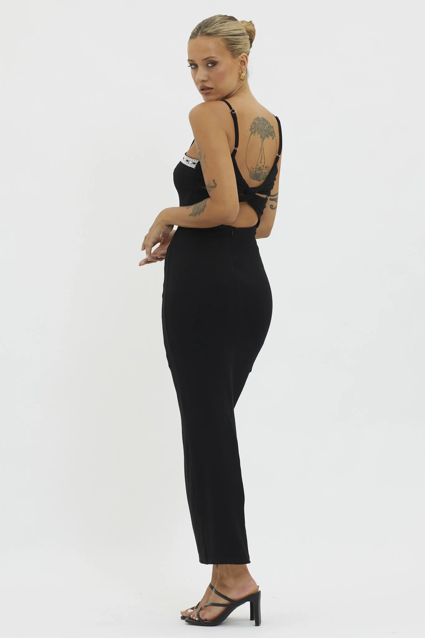 Black Lace Trim Back Twist Dress - Image 2