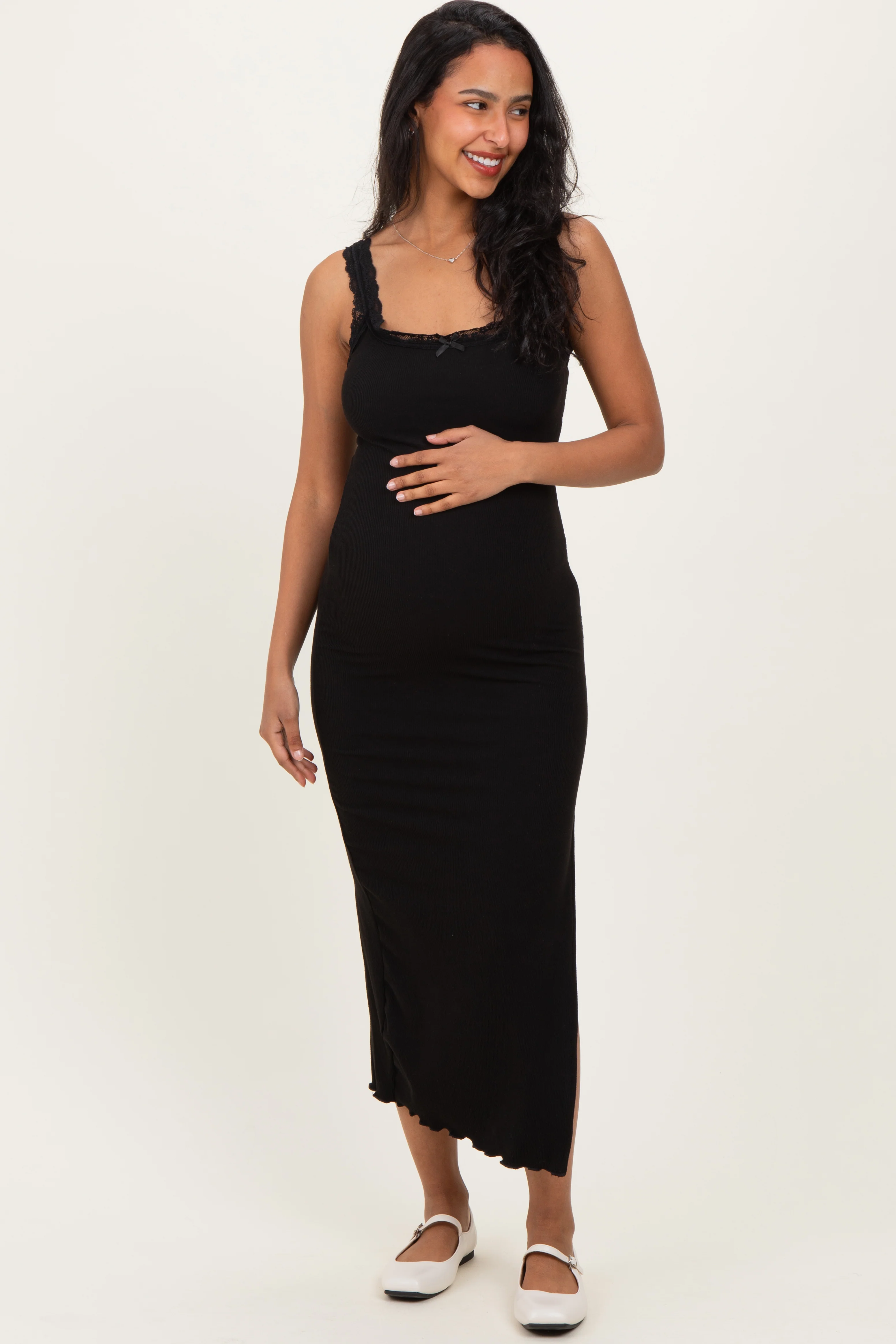 Black Lace Trim Side Slit Maternity Tank Dress - Image 3