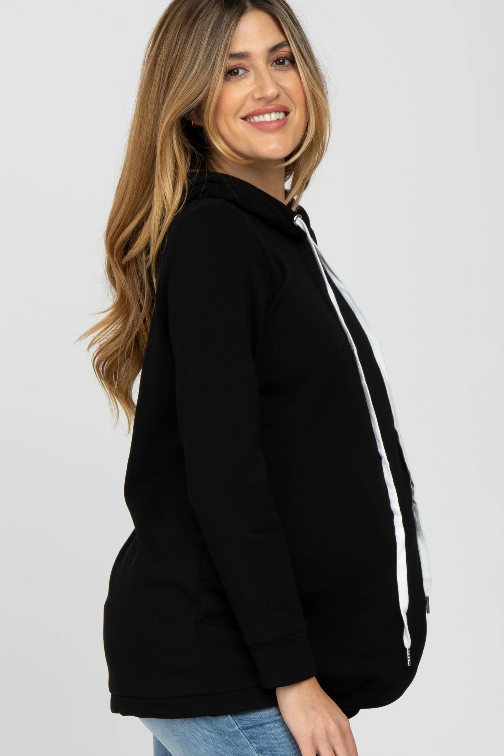 Black Layered Front Maternity/Nursing Fleece Hoodie - Image 3