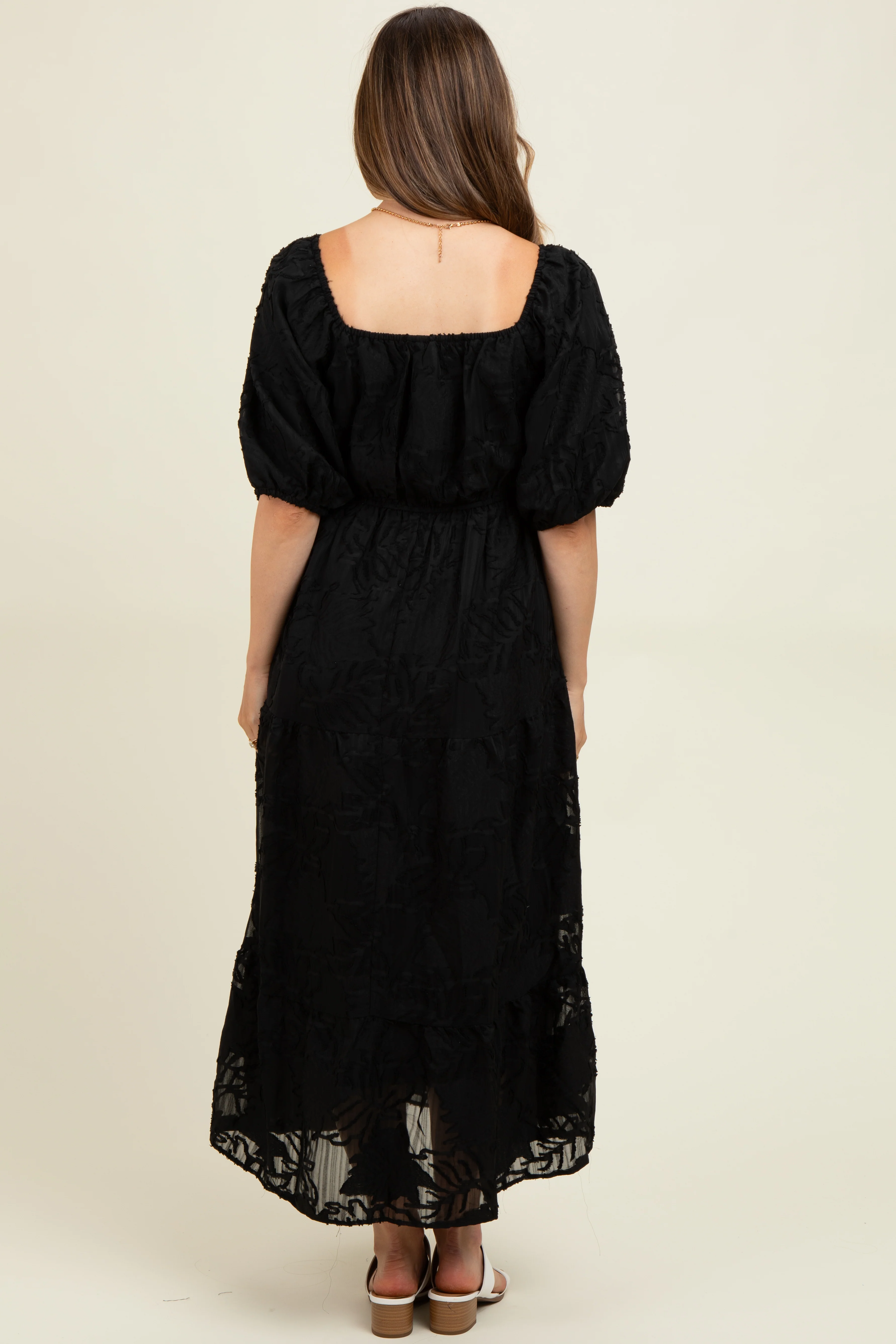Black Leaf Textured Tiered Midi Maternity Dress - Image 4