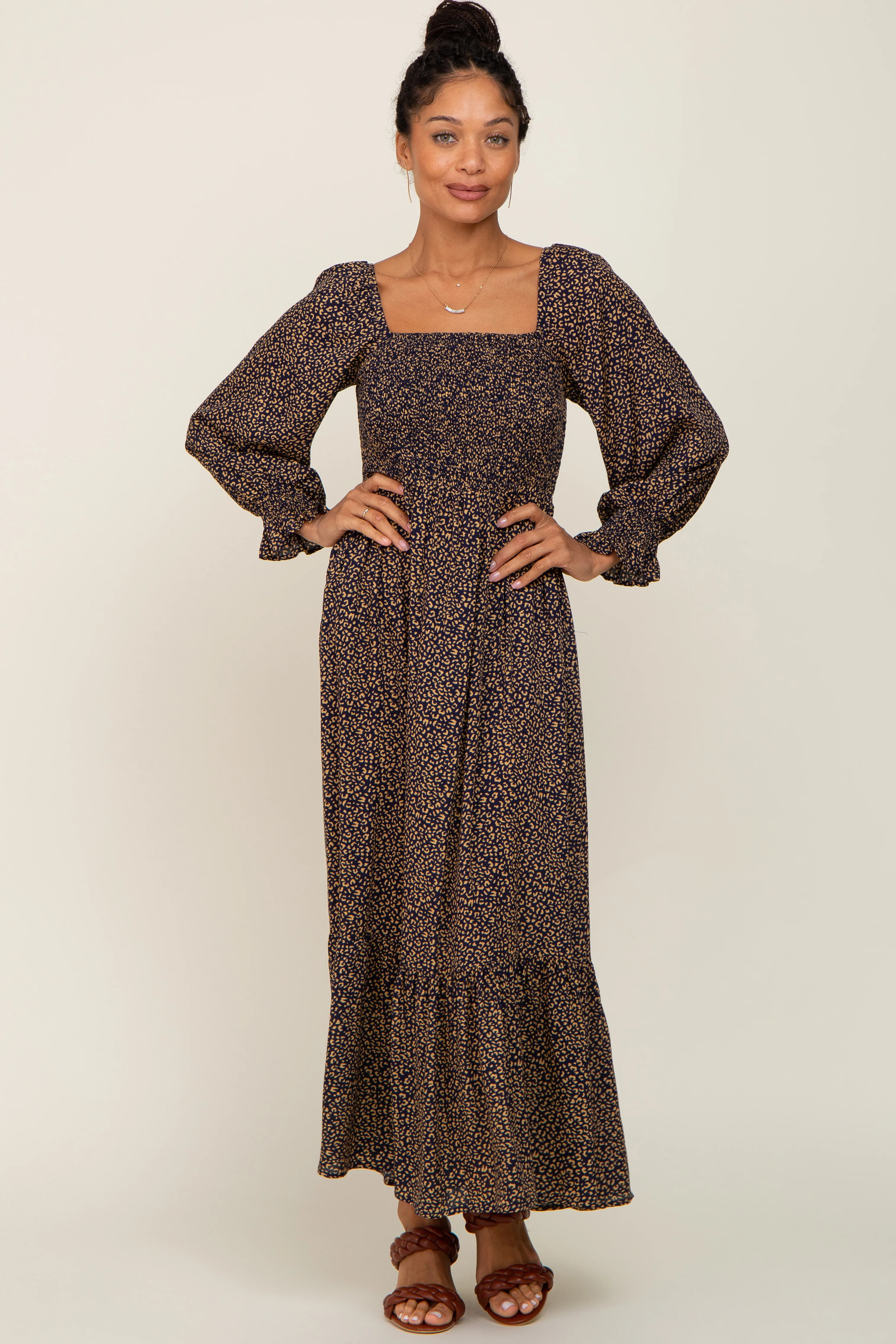 Black Leopard Print Square Neck Smocked Midi Dress - Image 5