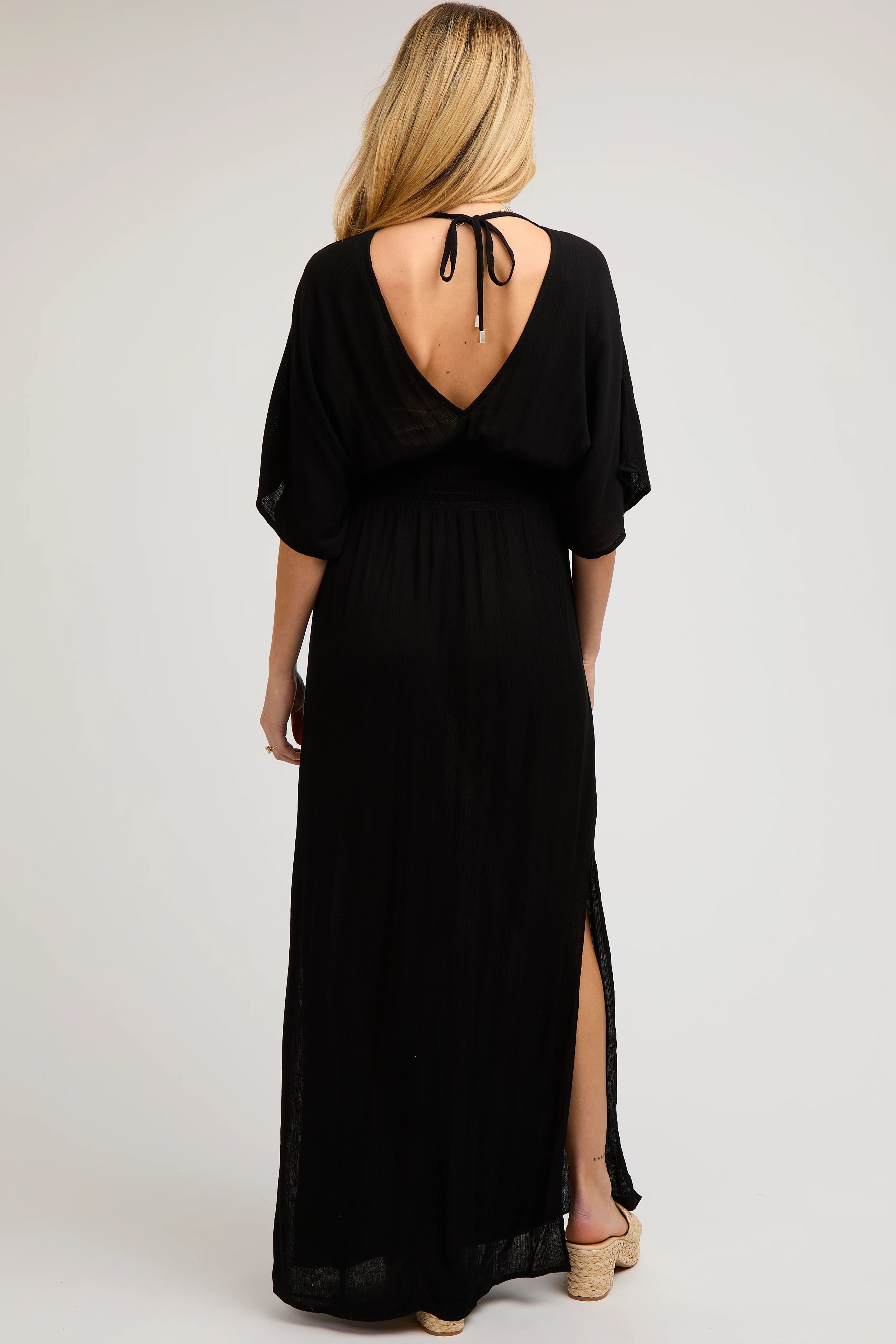 Black Lightweight Deep V-Neck Maternity Maxi Dress - Image 3