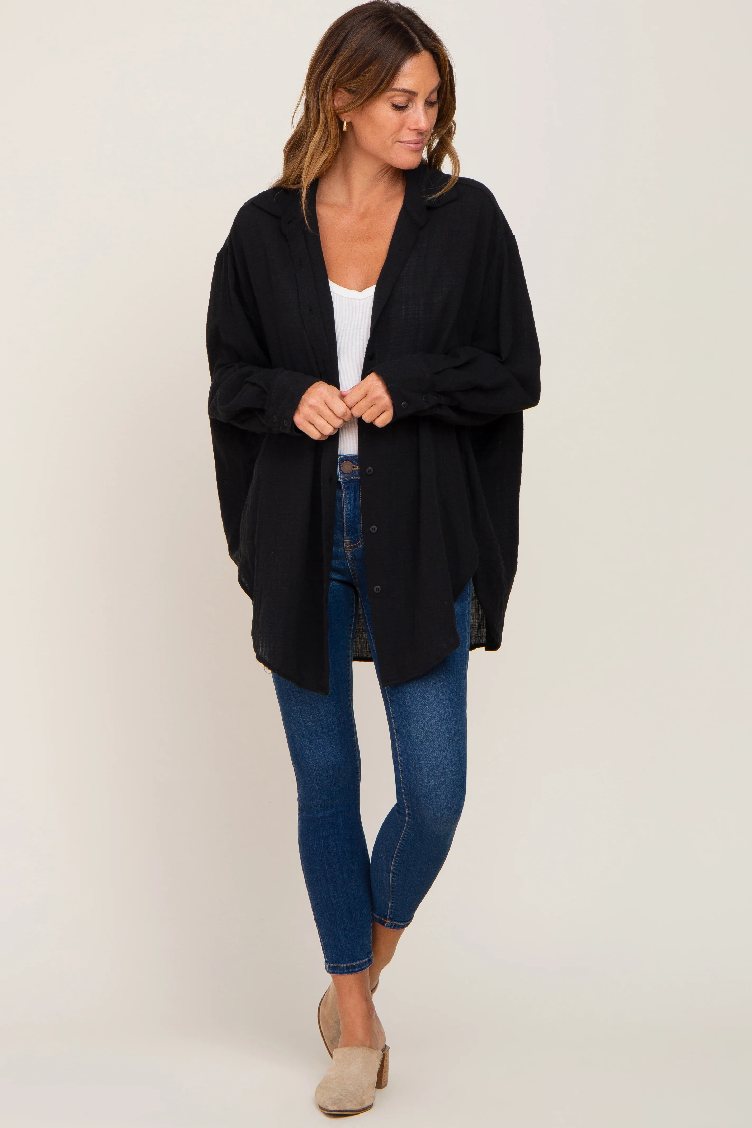Black Lightweight Sheer Button Down Blouse - Image 4