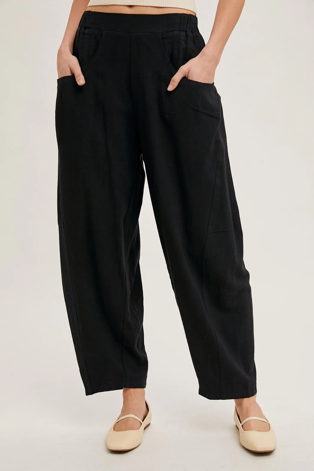 Black Linen Blend Barrel Leg Pants - Image 2