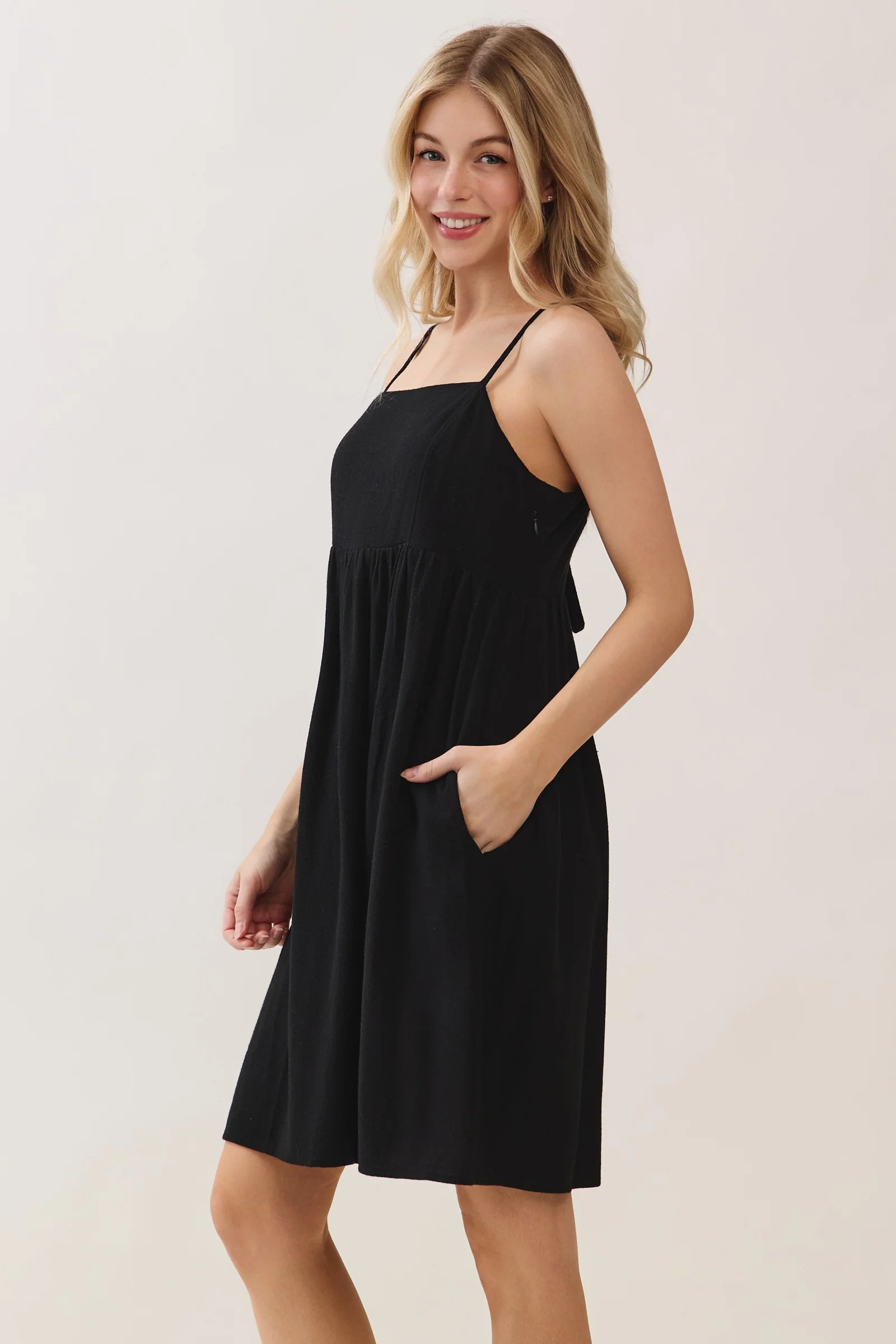 Black Linen Blend Bead Detail Mini Dress - Image 2