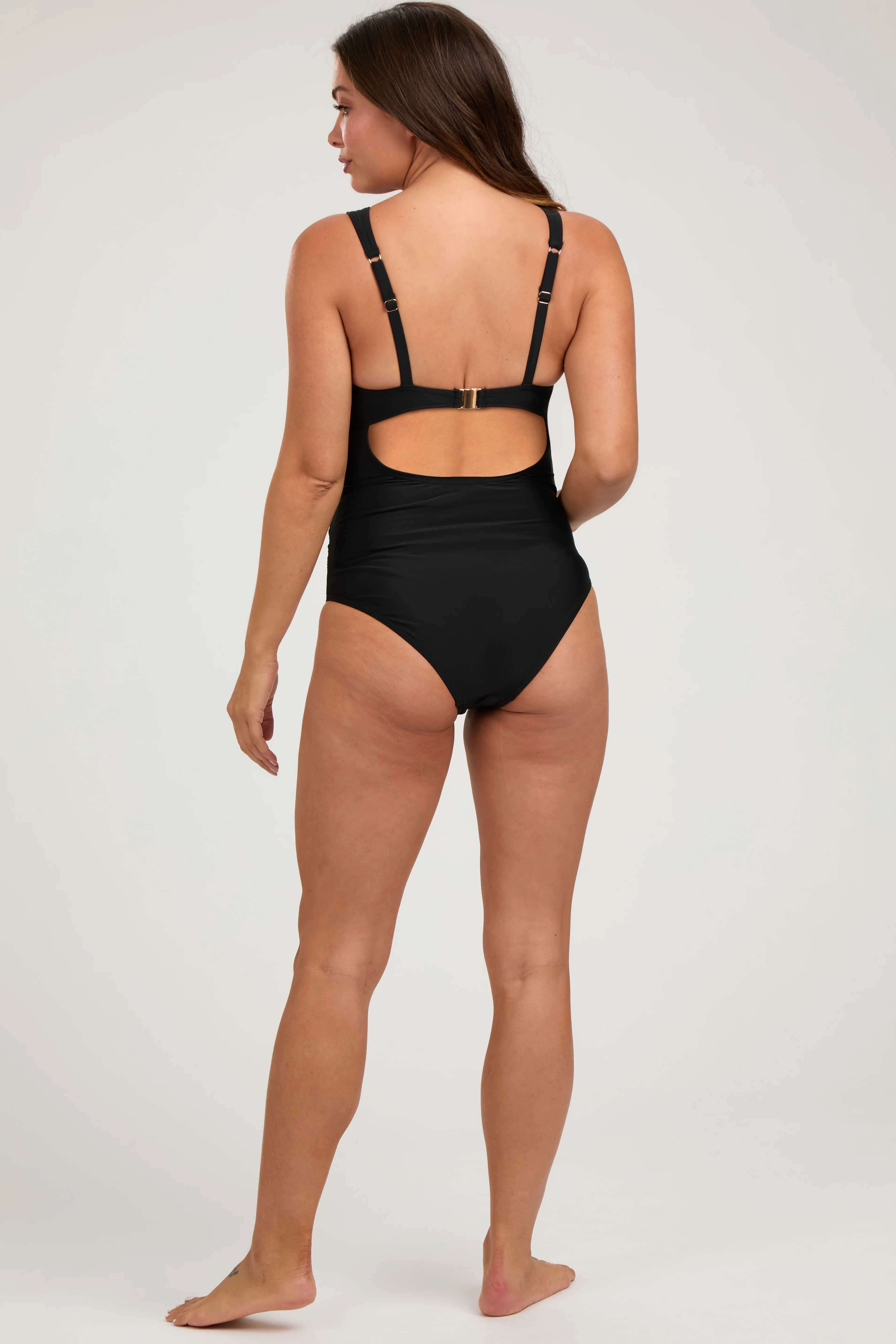 Black Mesh Detail Ruched Maternity One Piece Swimsuit - Image 3