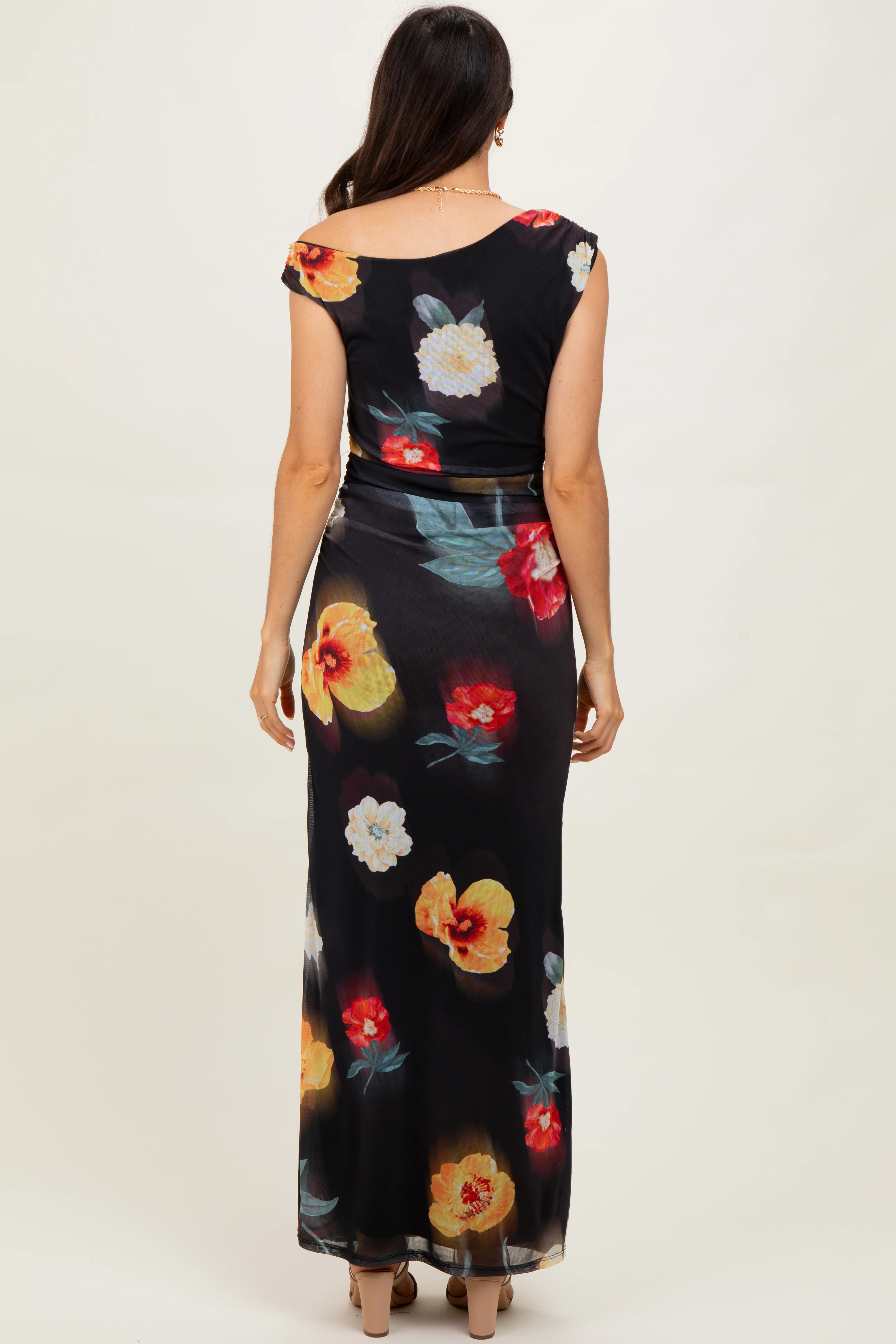 Black Mesh Floral One Shoulder Maxi Dress - Image 4