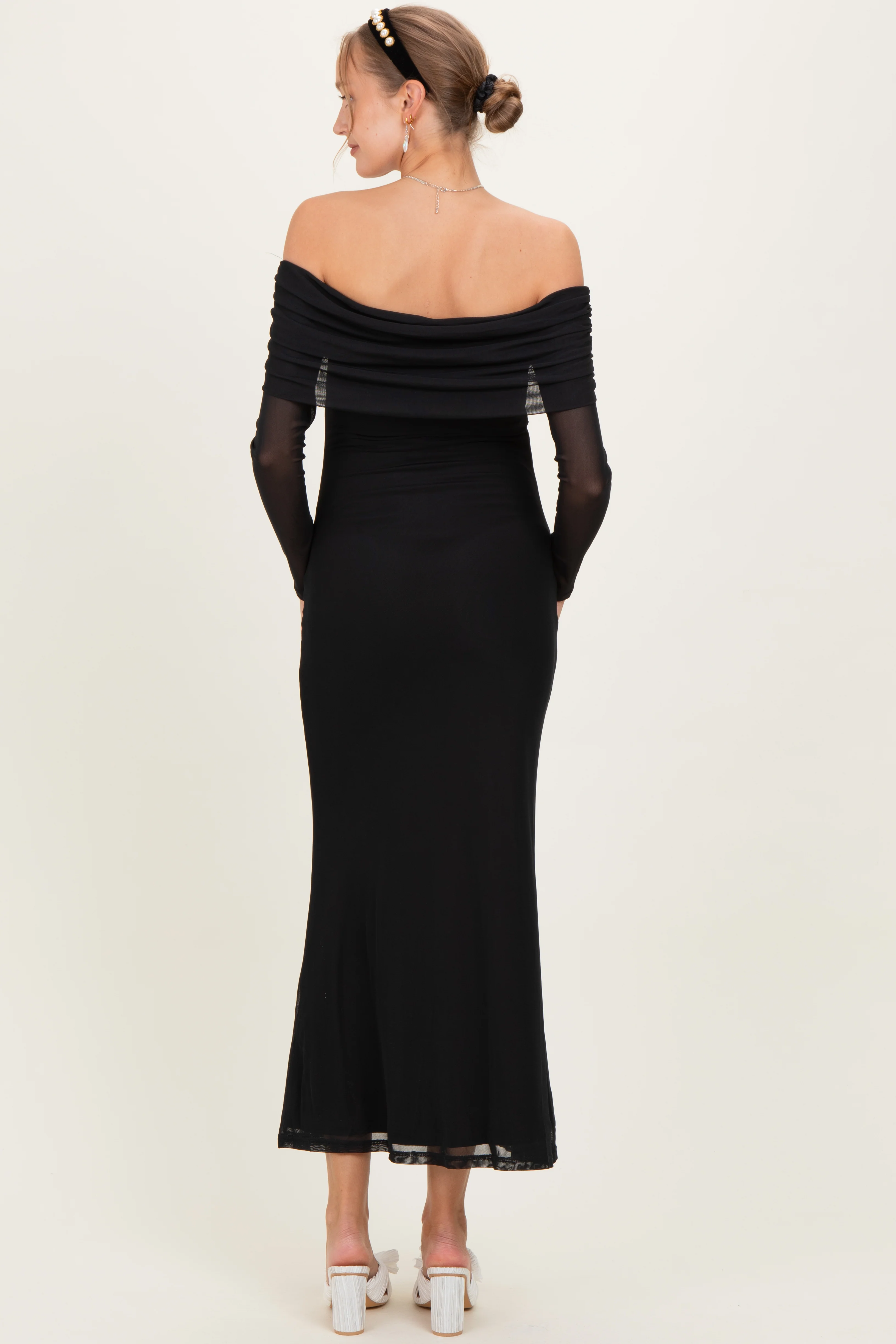 Black Mesh Off Shoulder Long Sleeve Maternity Maxi Dress - Image 3