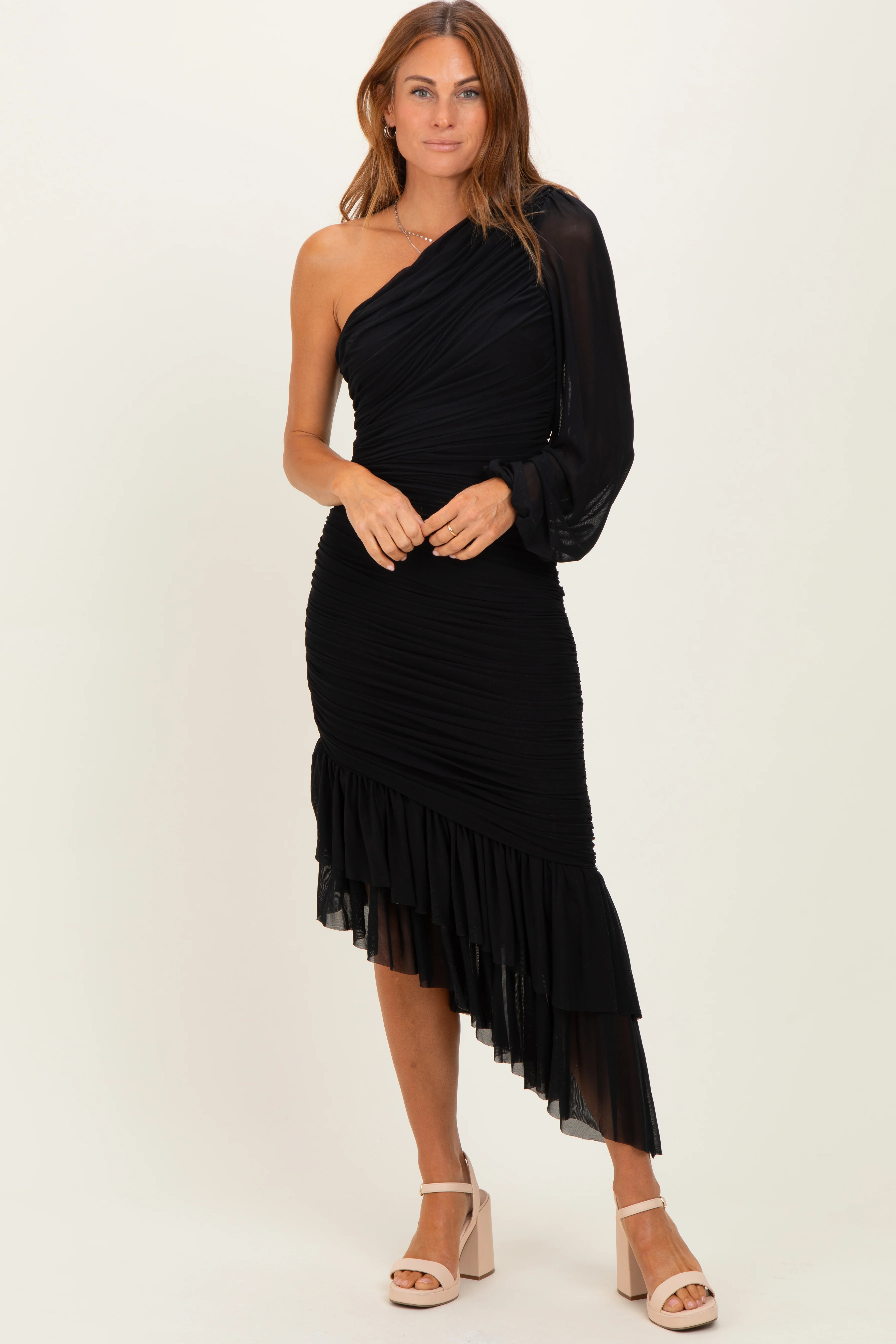 Black Mesh Ruched One Shoulder Asymmetric Maternity Dress - Image 5