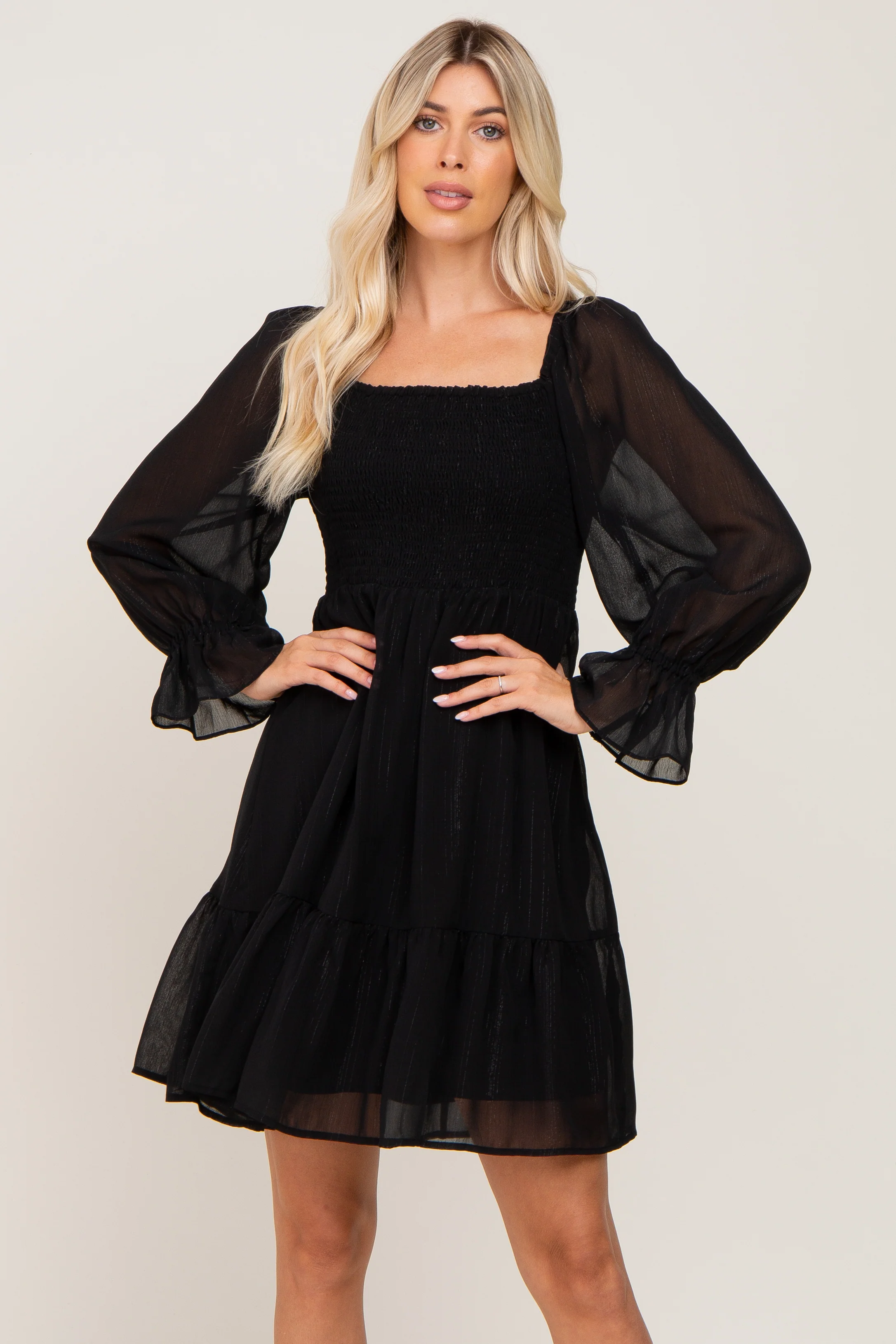 Black Metallic Stripe Smocked Maternity Dress - Image 5