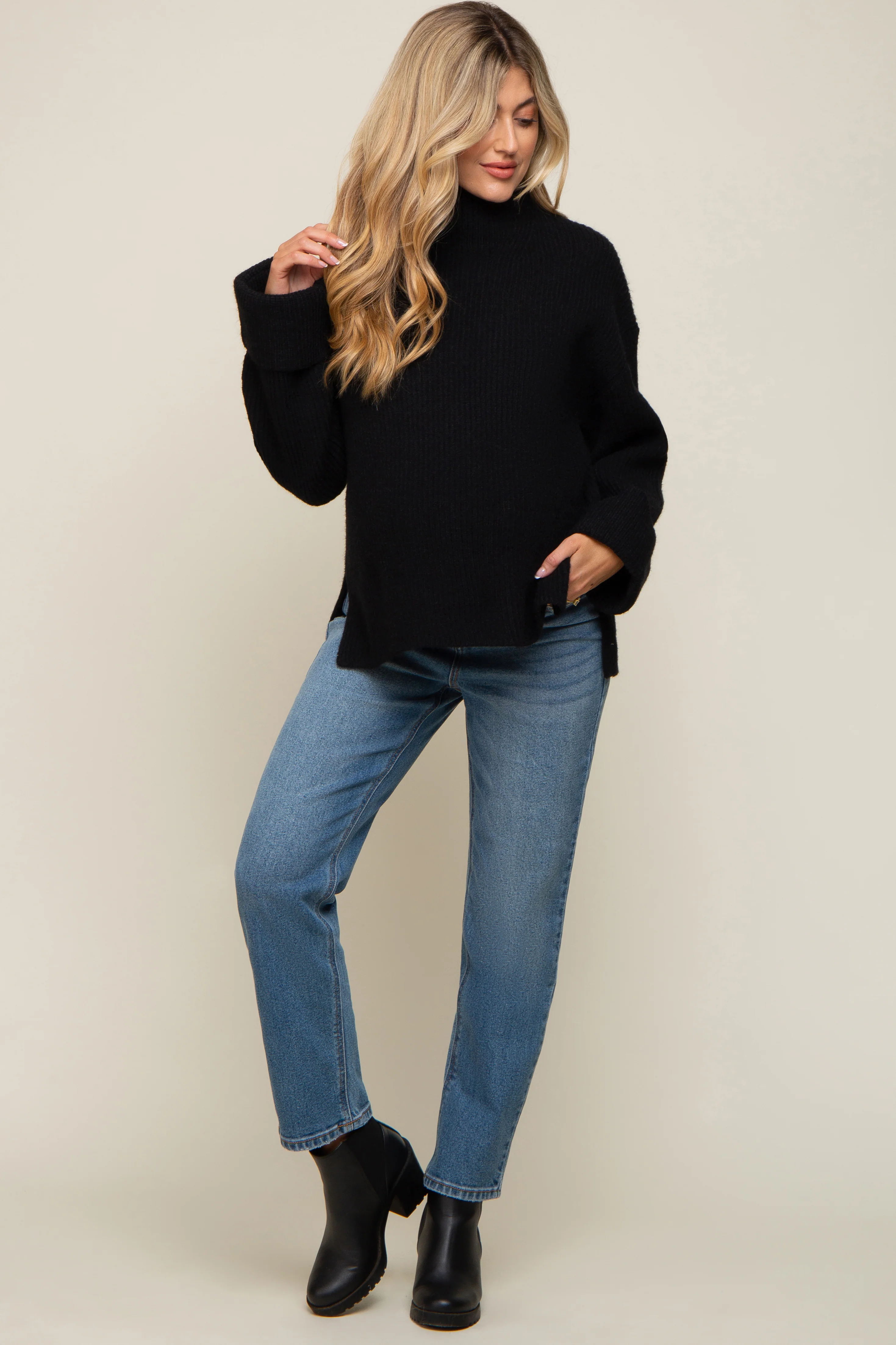 Black Mock Neck Chunky Knit Maternity Sweater - Image 4