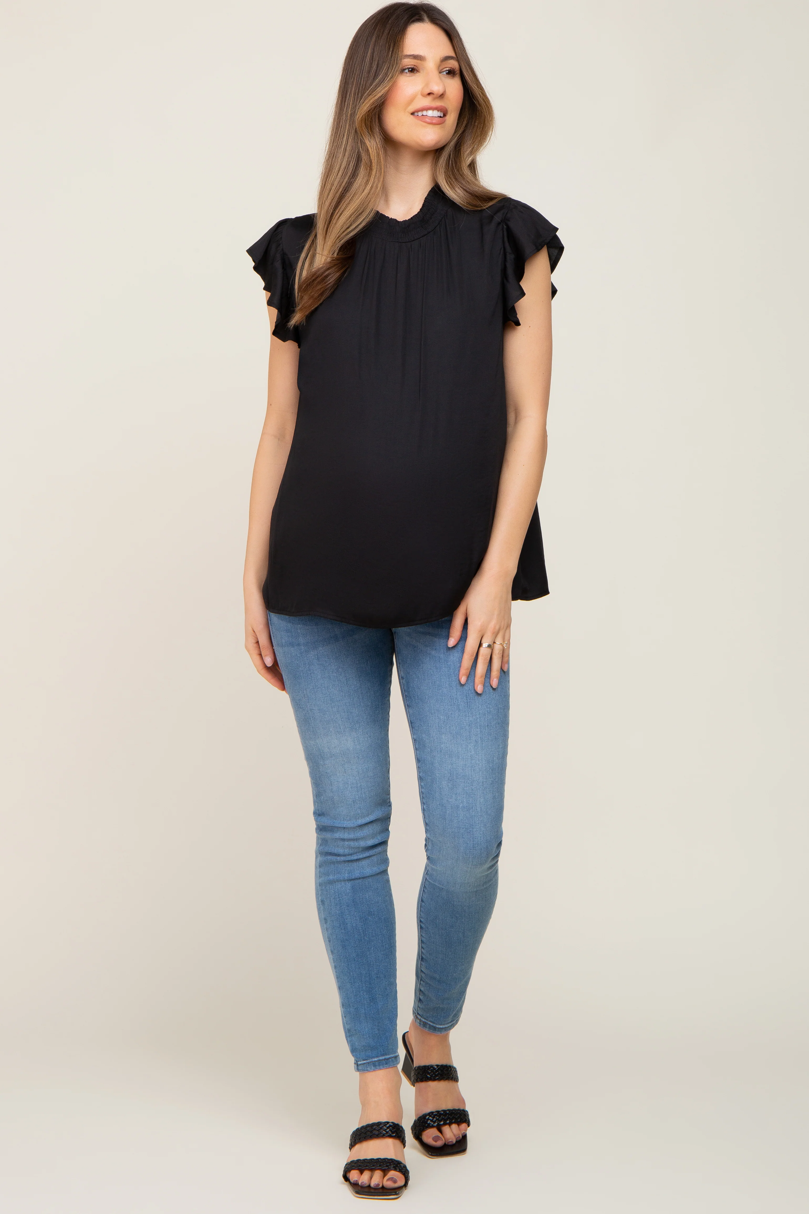 Black Mock Neck Flutter Maternity Blouse - Image 4