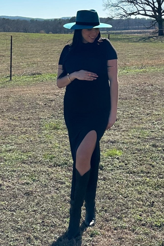 Black Mock Neck Front Slit Short Sleeve Maternity Maxi Dress - Image 8