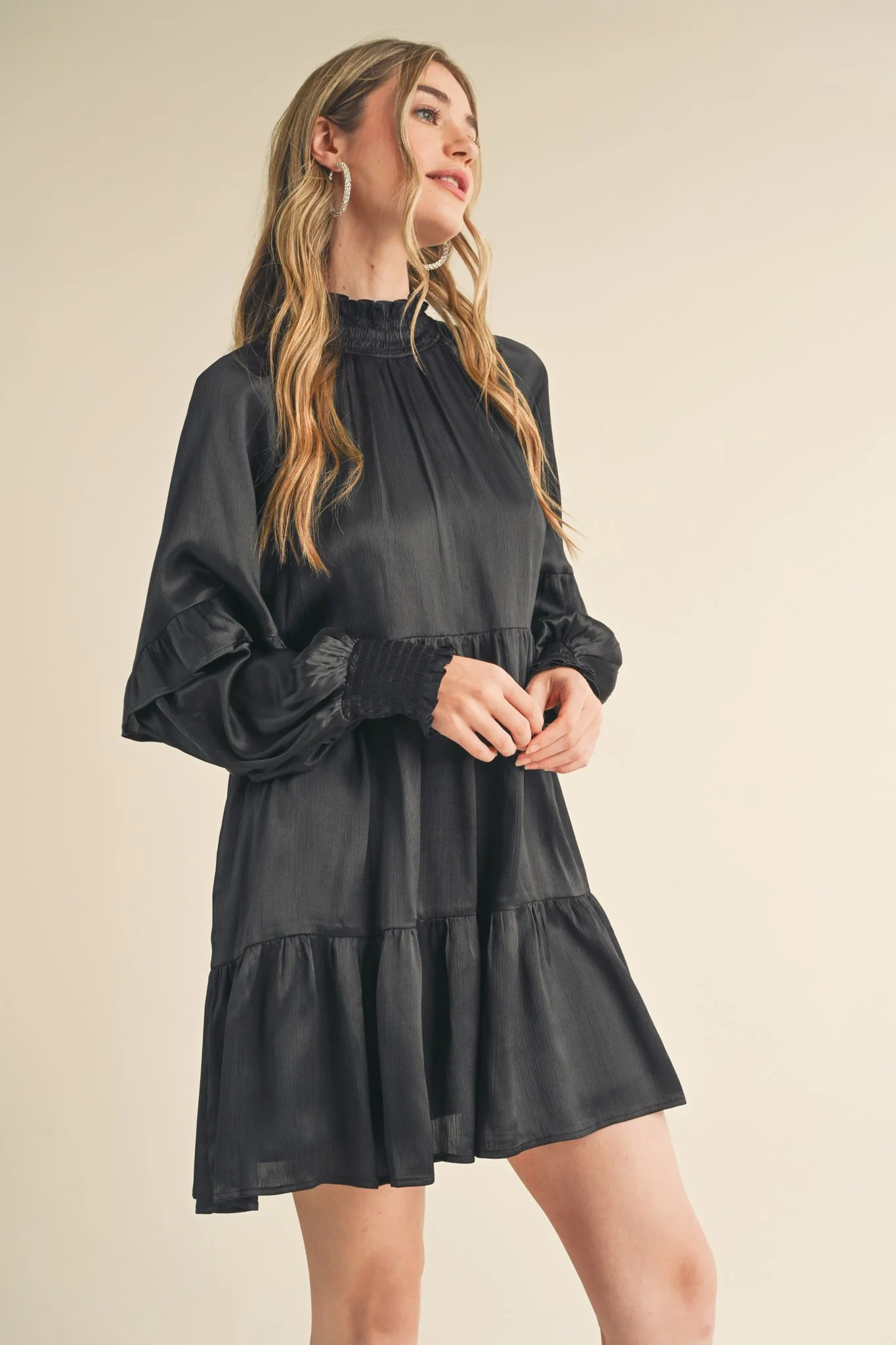 Black Mock Neck Tiered Mini Dress - Image 2