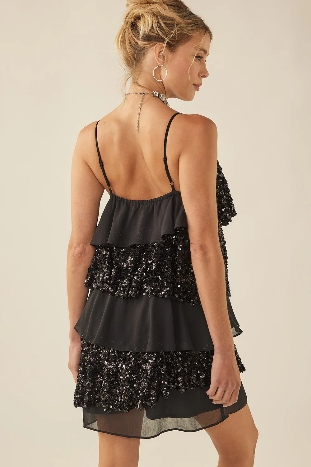 Black Multi Fabric Tiered Sequin Dress - Image 3